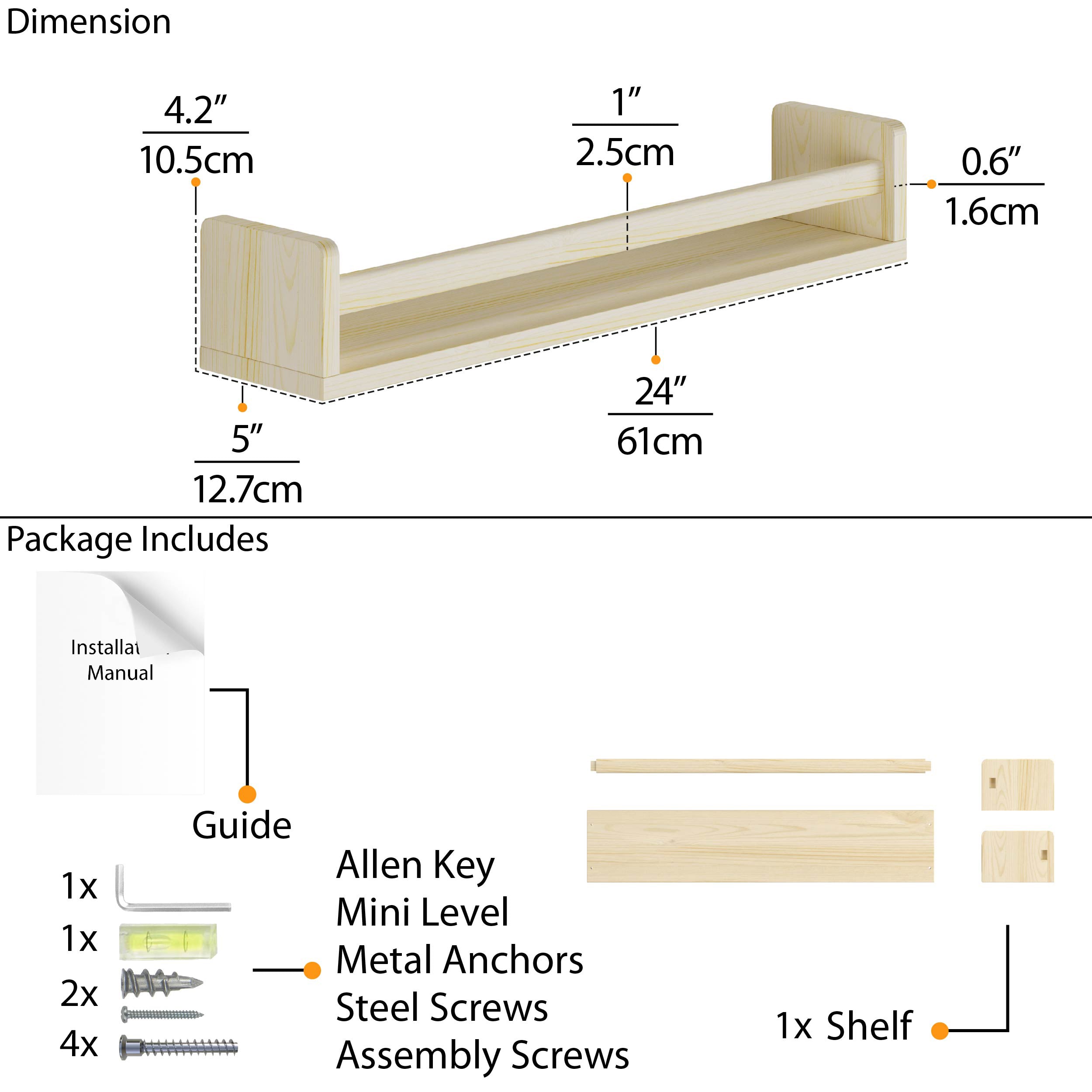 Detailed dimension diagram of the natural wood wall shelf, showing measurements: 24" width, 4.2" height, and 5" depth. The package includes an installation guide, Allen keys, metal anchors, steel screws, and assembly screws.