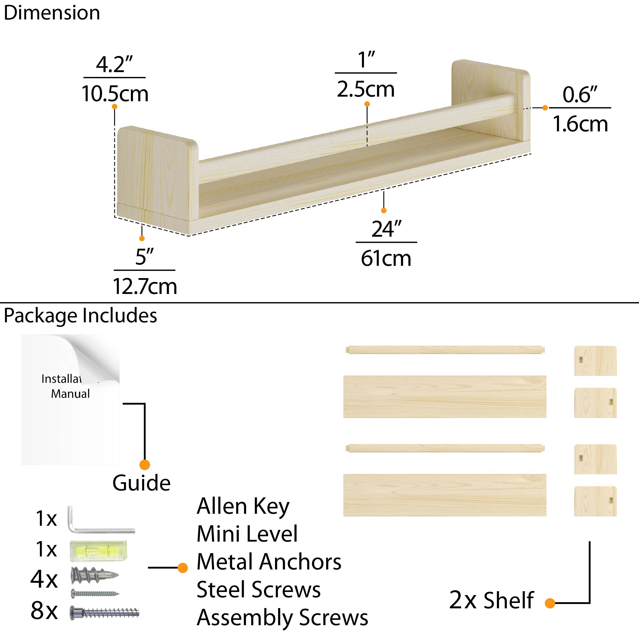 Detailed dimension diagram of the natural wood wall shelf, showing measurements: 24" width, 4.2" height, and 5" depth. The package includes an installation guide, Allen keys, metal anchors, steel screws, and assembly screws.