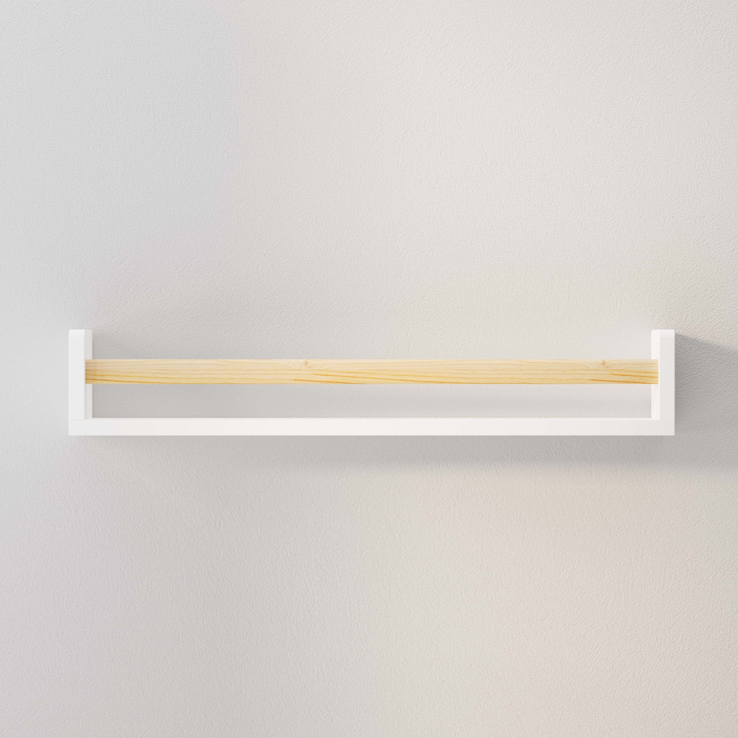 An empty white wall shelf with a natural wood rod mounted on a light gray wall. Its simple and elegant design makes it versatile for various uses, from holding books to displaying decorative items.