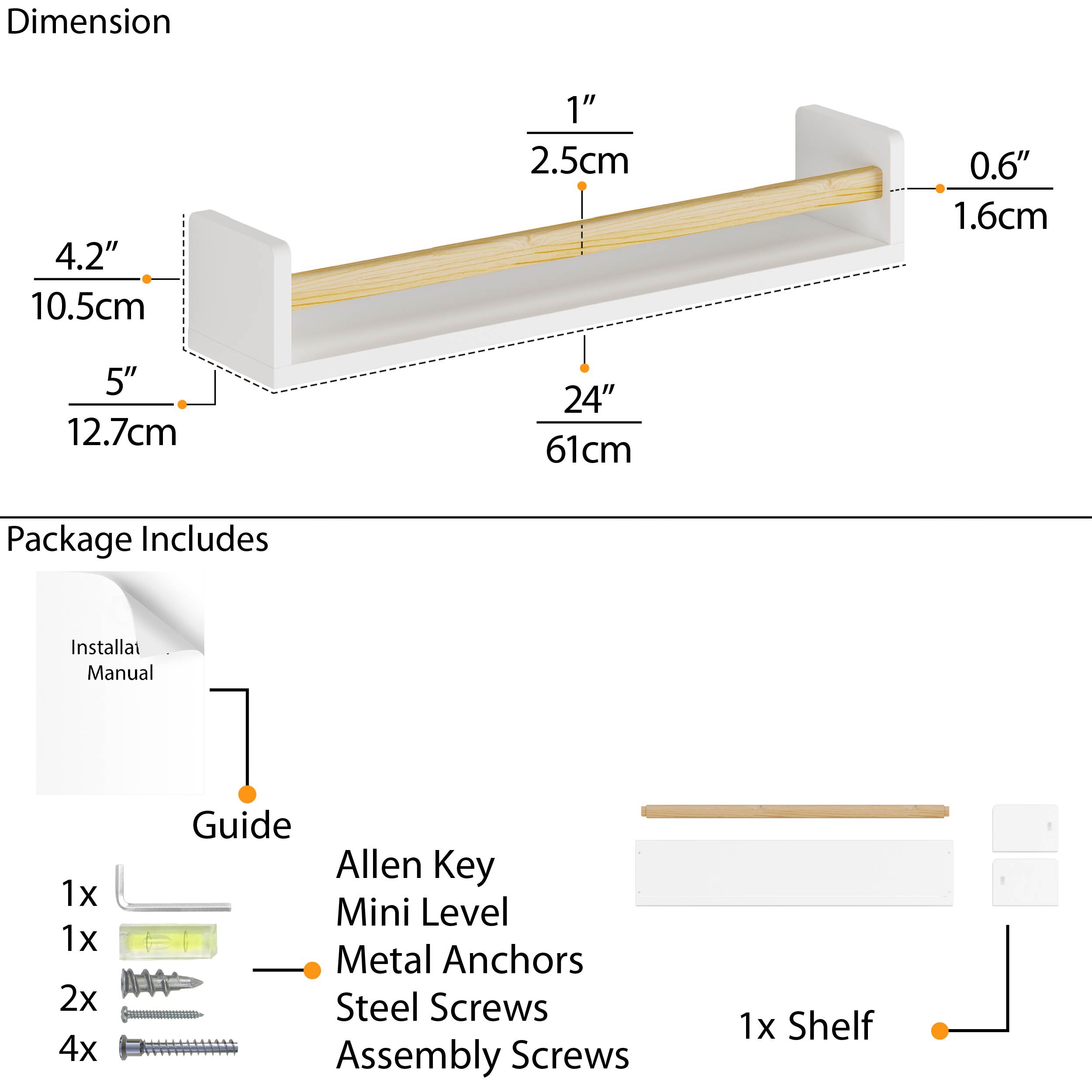 Detailed dimension diagram of the white wall shelf with natural wood rod, showing measurements: 24" width, 4.2" height, and 5" depth. The package includes an installation guide, Allen keys, metal anchors, steel screws, and assembly screws.