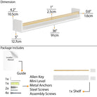 Detailed dimension diagram of the white wall shelf with natural wood rod, showing measurements: 36" width, 4.2" height, and 5" depth. The package includes an installation guide, Allen keys, metal anchors, steel screws, and assembly screws.