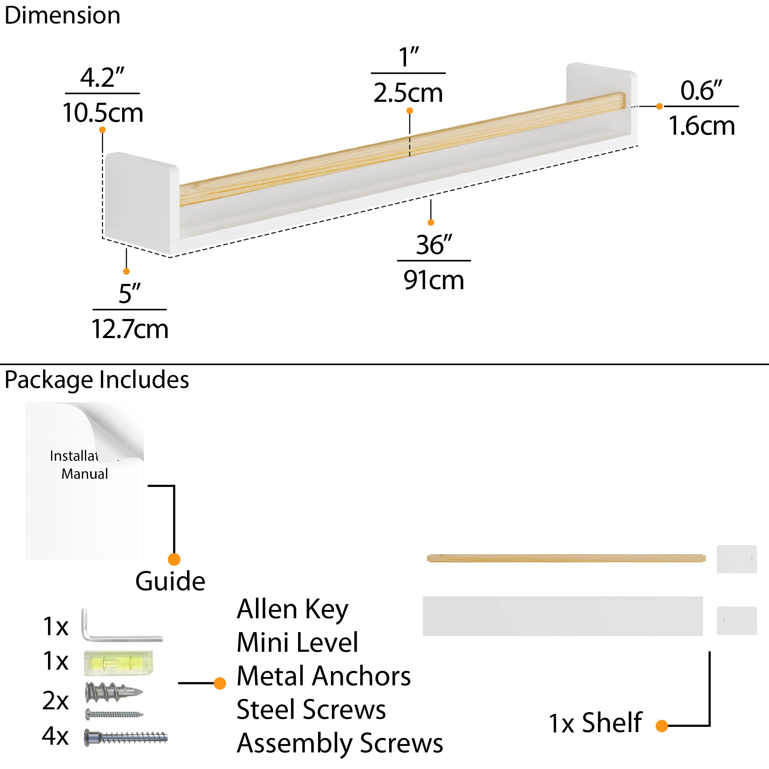 Detailed dimension diagram of the white wall shelf with natural wood rod, showing measurements: 36" width, 4.2" height, and 5" depth. The package includes an installation guide, Allen keys, metal anchors, steel screws, and assembly screws.