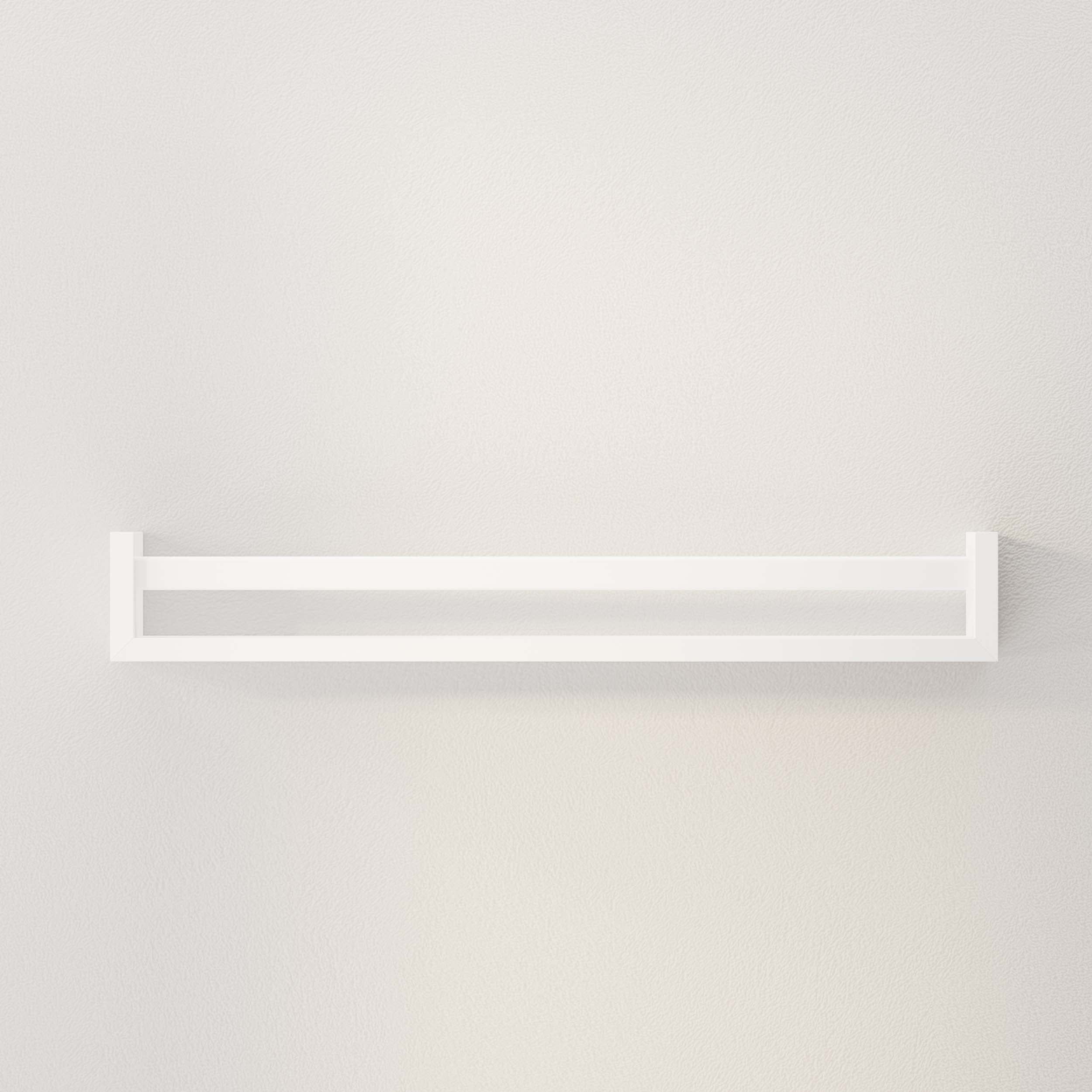 An empty white hanging shelf for room decor against a plain wall, displaying its minimalist design and sturdy construction, ready to be filled with books or decorative items.