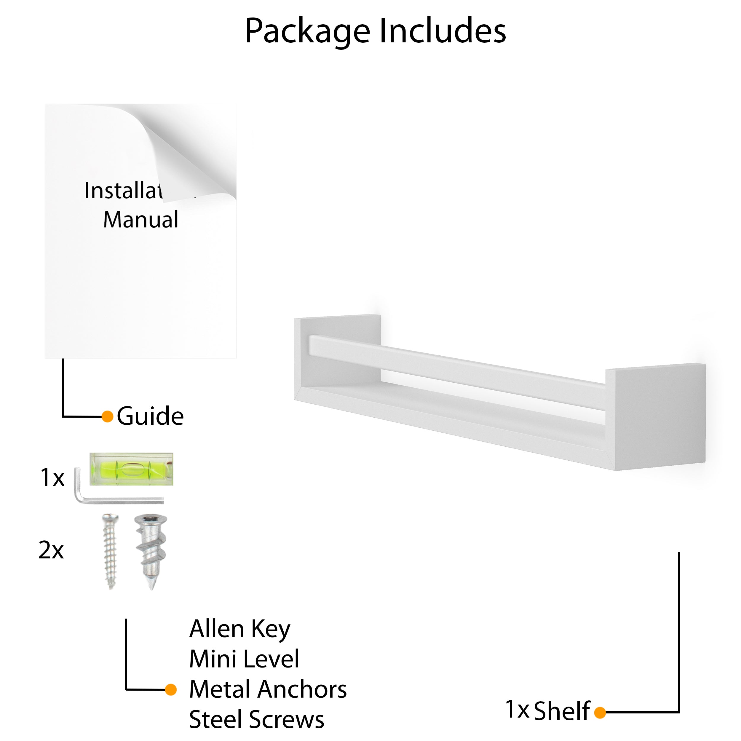 Detailed package includes image showing a white display shelf with a natural wood rod, installation manual, Allen key, mini level, metal anchors, and steel screws. Clearly displays all components for easy assembly.