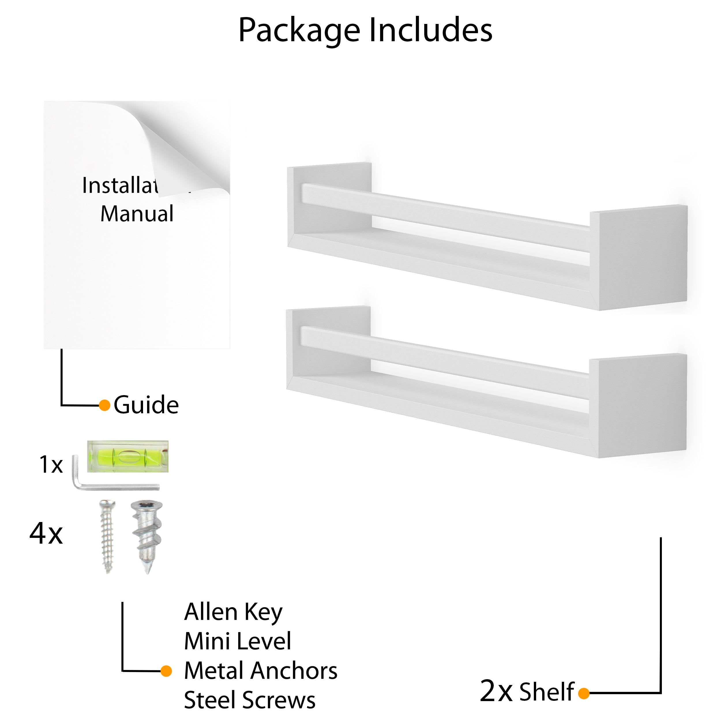 Detailed package includes image showing a white display shelf with a natural wood rod, installation manual, Allen key, mini level, metal anchors, and steel screws. Clearly displays all components for easy assembly.