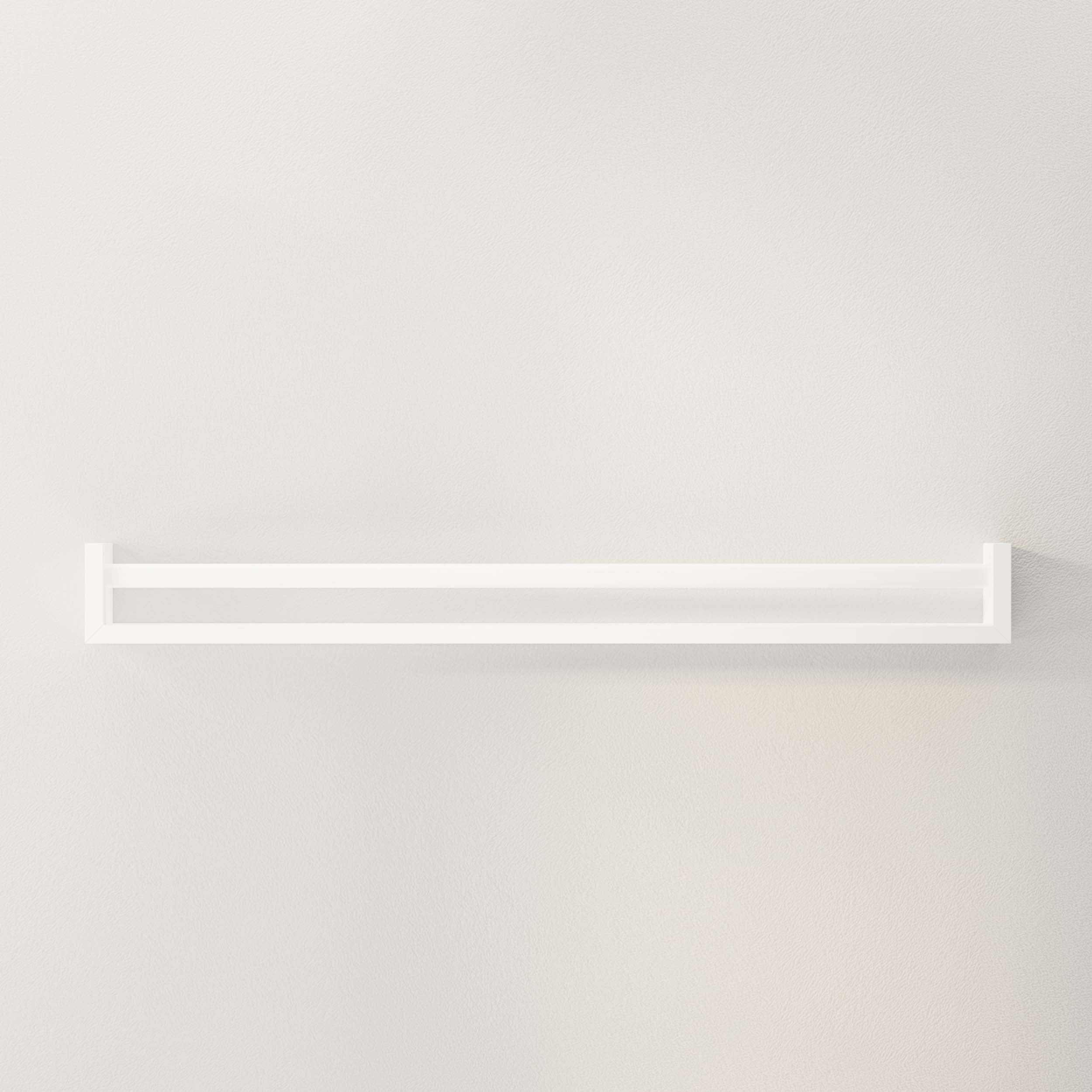 A front-facing view of the empty white wall mount shelf highlighting its sleek, modern design and clean lines.