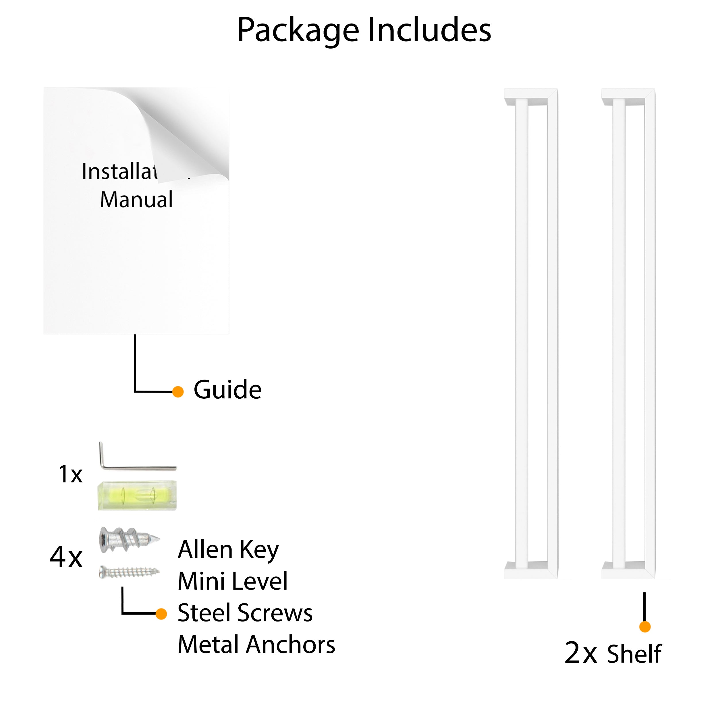 Package includes Installation Manual, Allen Key, Mini Level, Steel Screws, Metal Anchors, and 1x white floating Shelf.