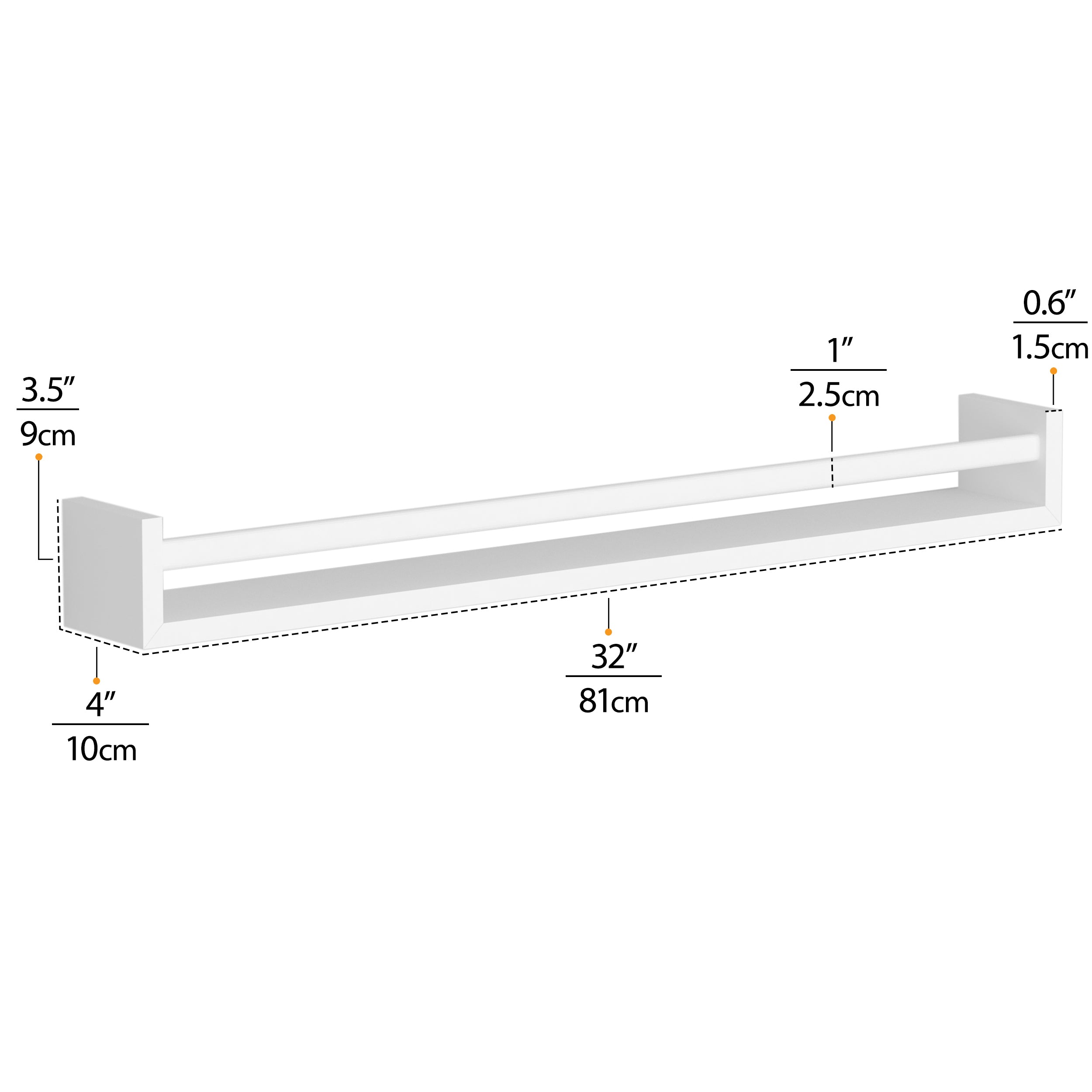 White bookshelf for kids room dimensions: 32" x 4" with a depth of 3.5", front lip height of 1", and back height of 0.6".
