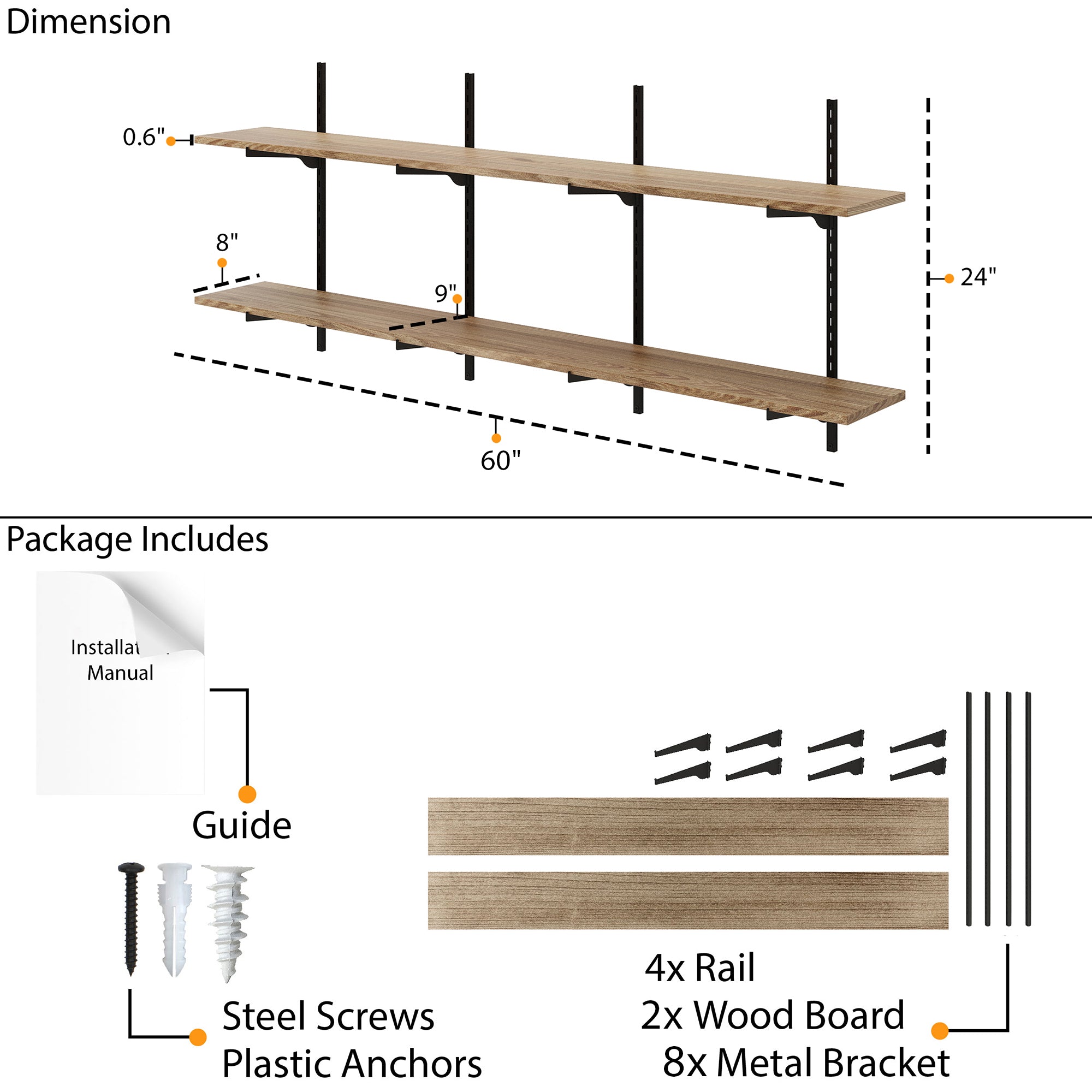 2 tiered 60" long wall shelving unit's package content as 4x rails, 2x wood boards, 8x metal brackets, and wall mounting hardware.