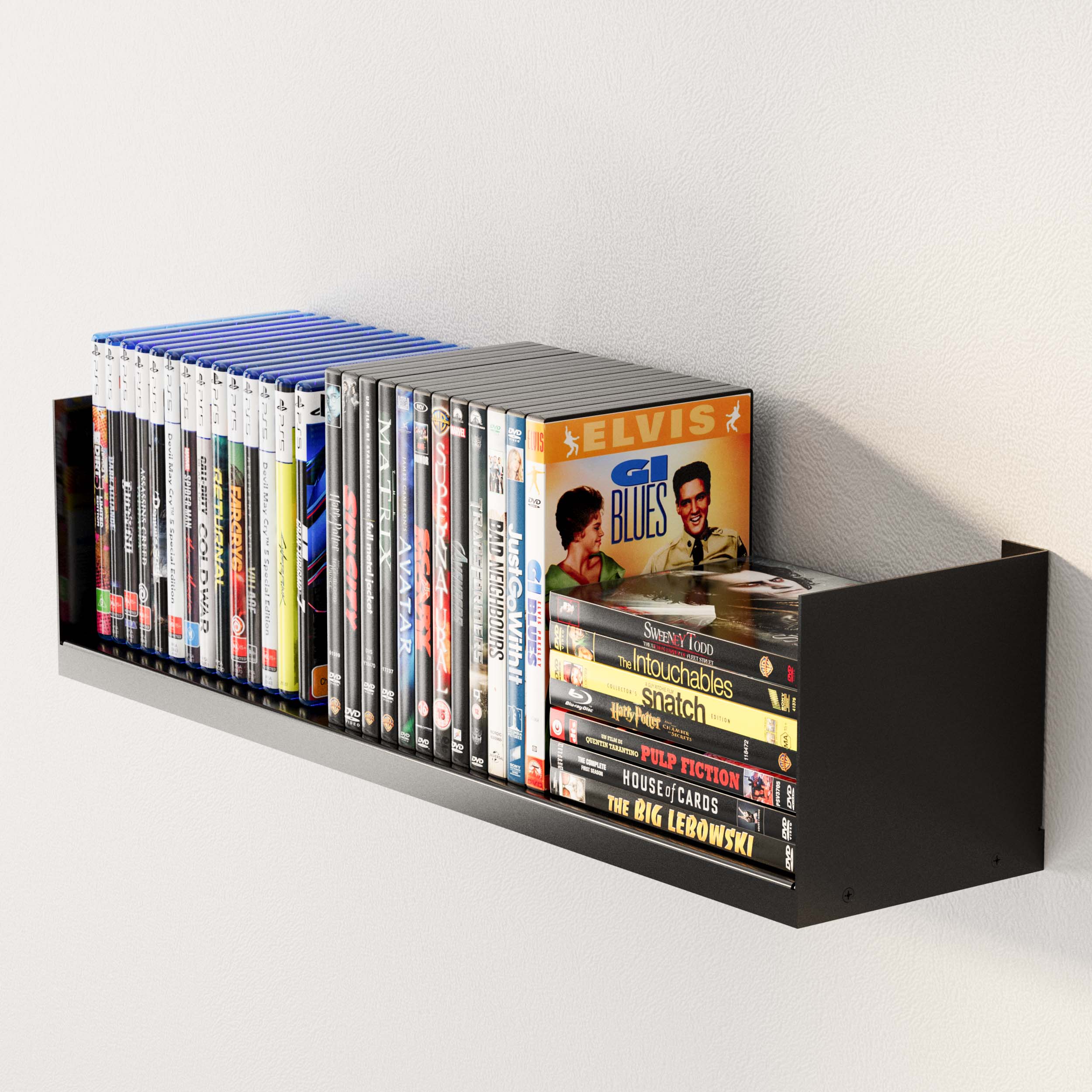 The sturdy black floating shelf holds multiple DVDs, showcasing its capacity and practical use for organizing your media collection neatly.