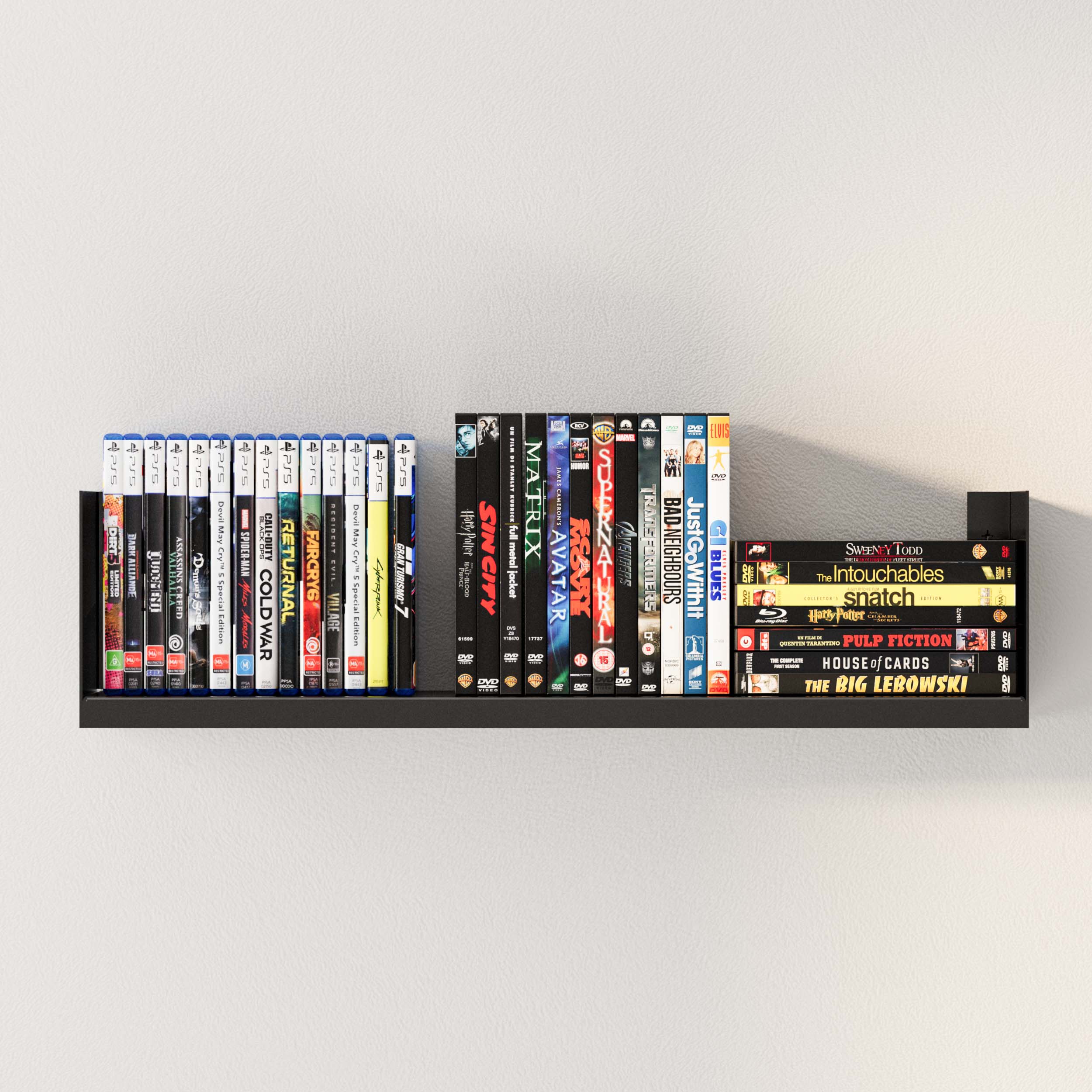 The wall-mounted floating shelf black displays DVDs and books, highlighting its functionality for organizing media or decor items efficiently.
