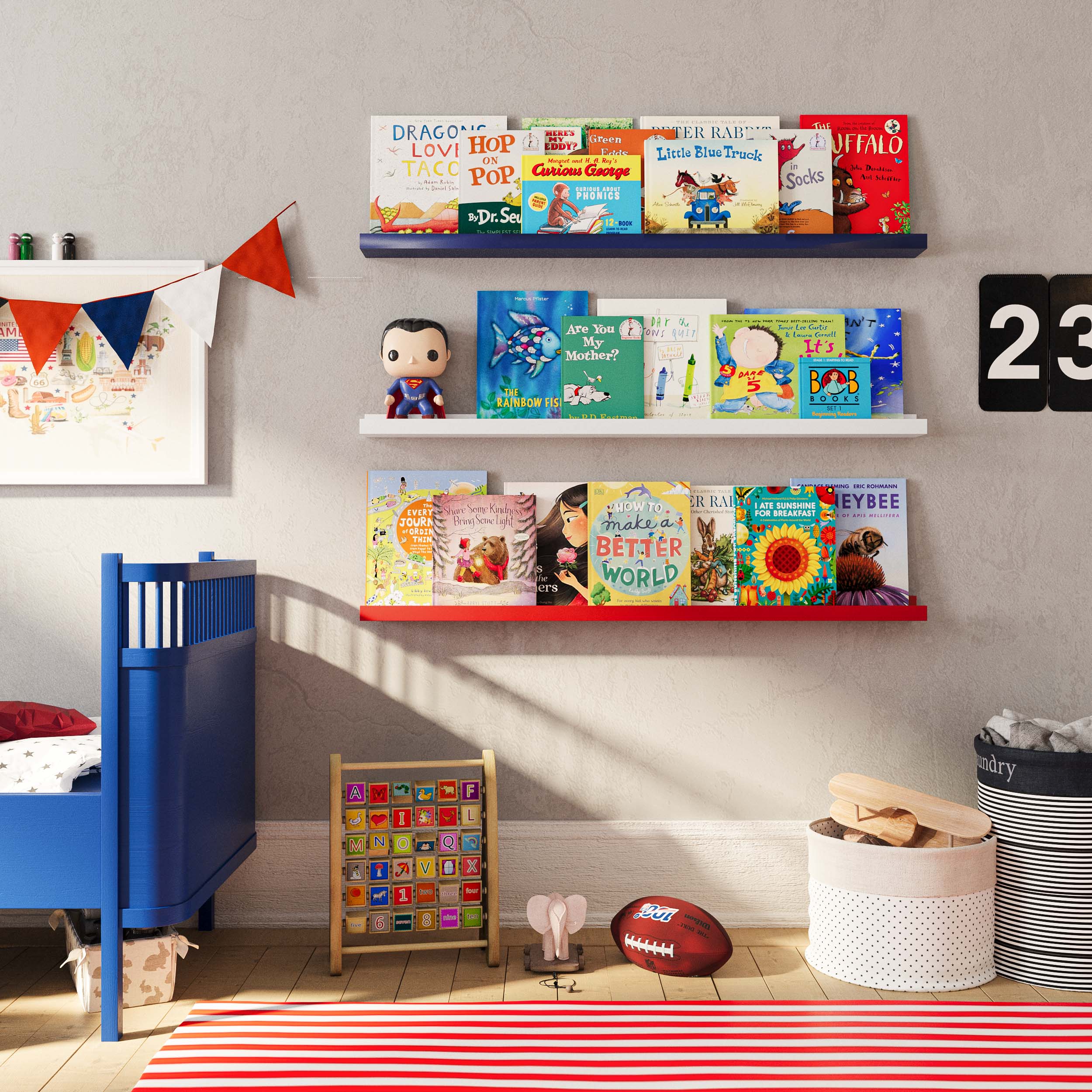 three red wall-mounted shelves filled with books and a few toys in a child's bedroom. The setup is lively, with a mix of colorful decor items and books, enhancing the room's playful atmosphere.
