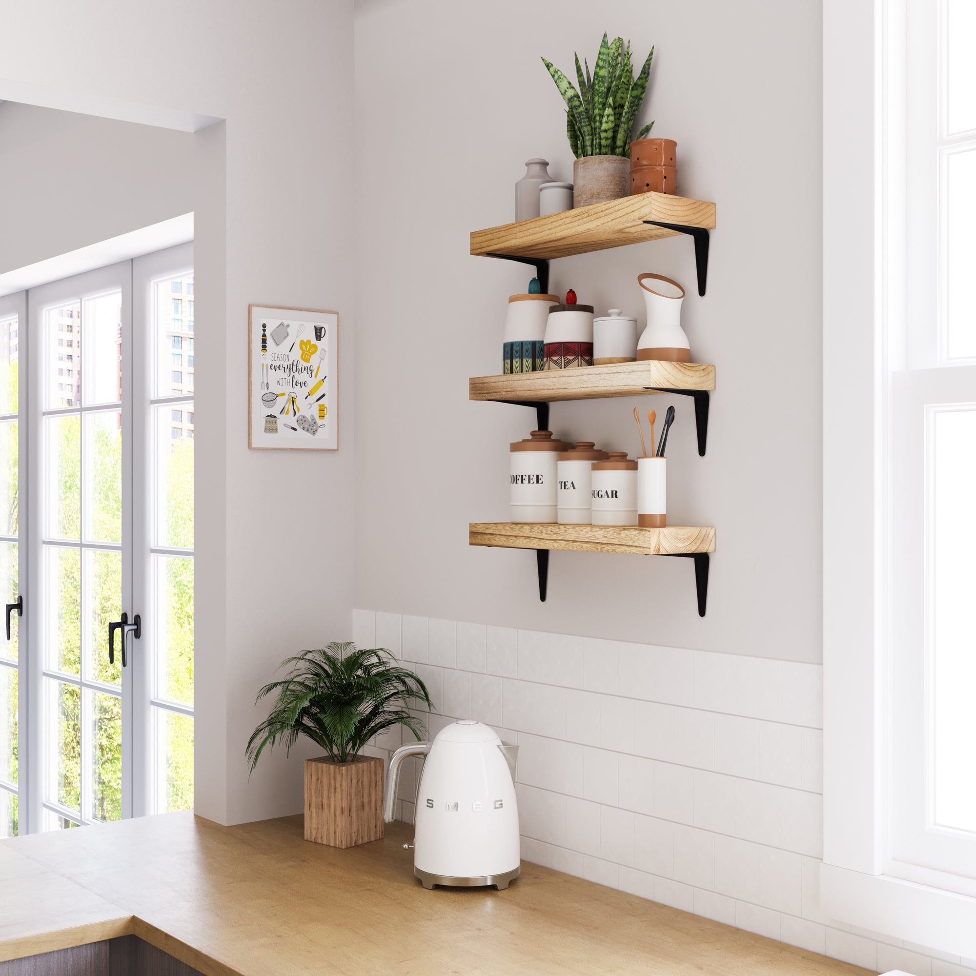 Kitchen with floating kitchen storage shelves supported by black metal brackets, ideal for kitchen storage and decor.