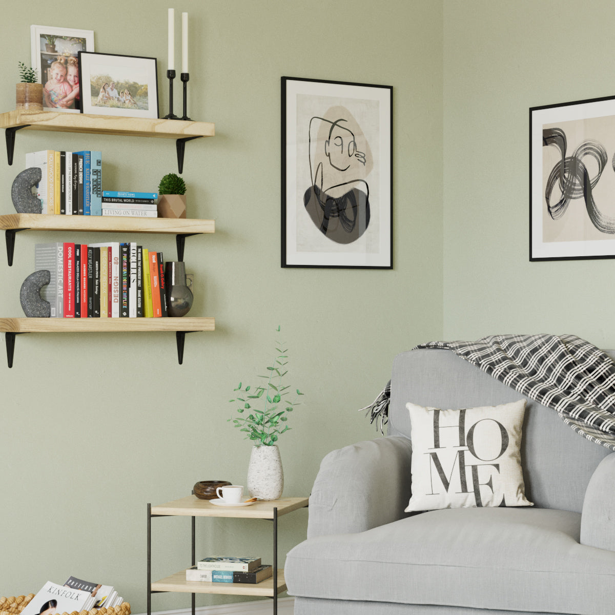 Living room with wall shelves supported by black industrial metal brackets, perfect for displaying books and decor.