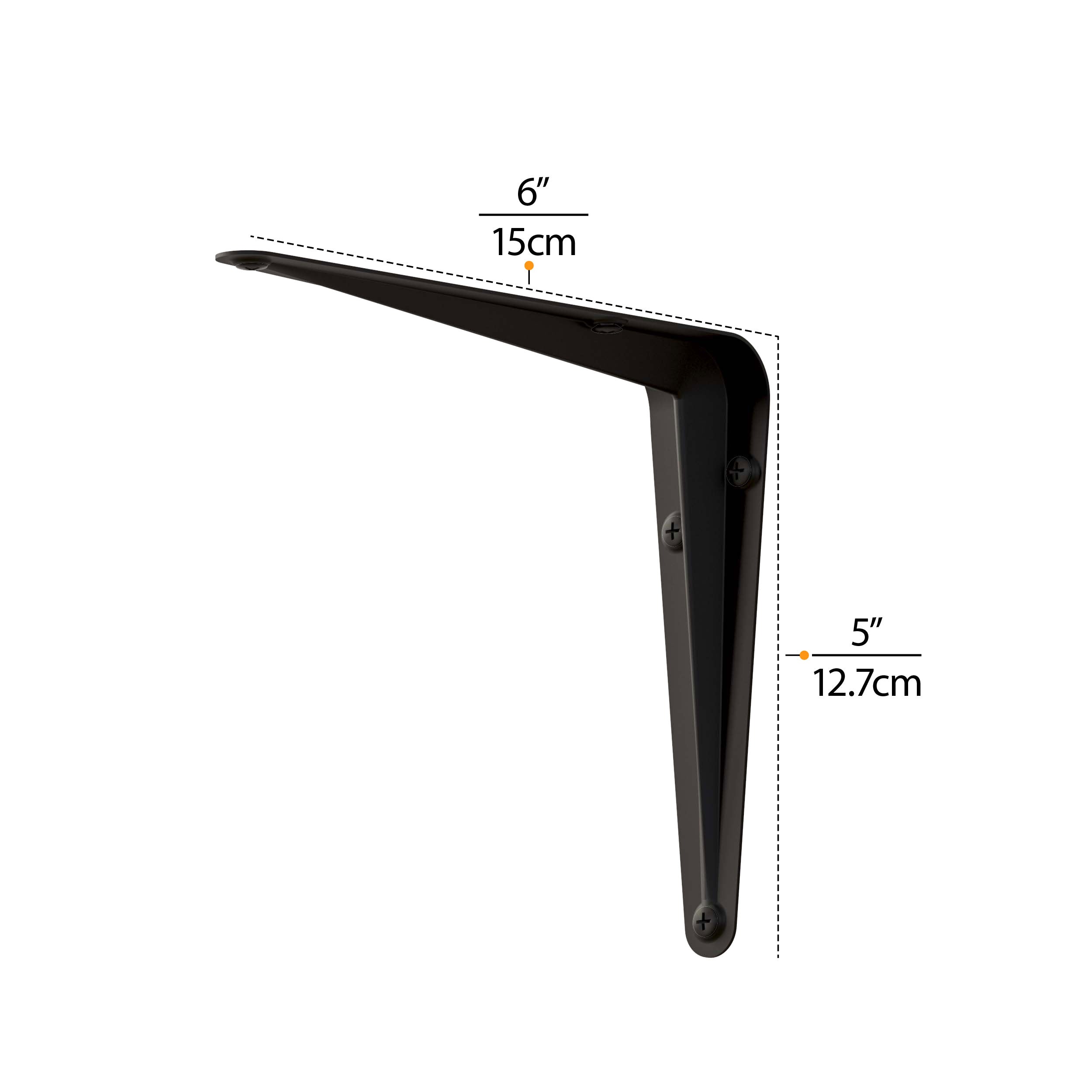 Black metal shelf I bracket with dimensions 6"x5", ideal for creating strong wall shelves.