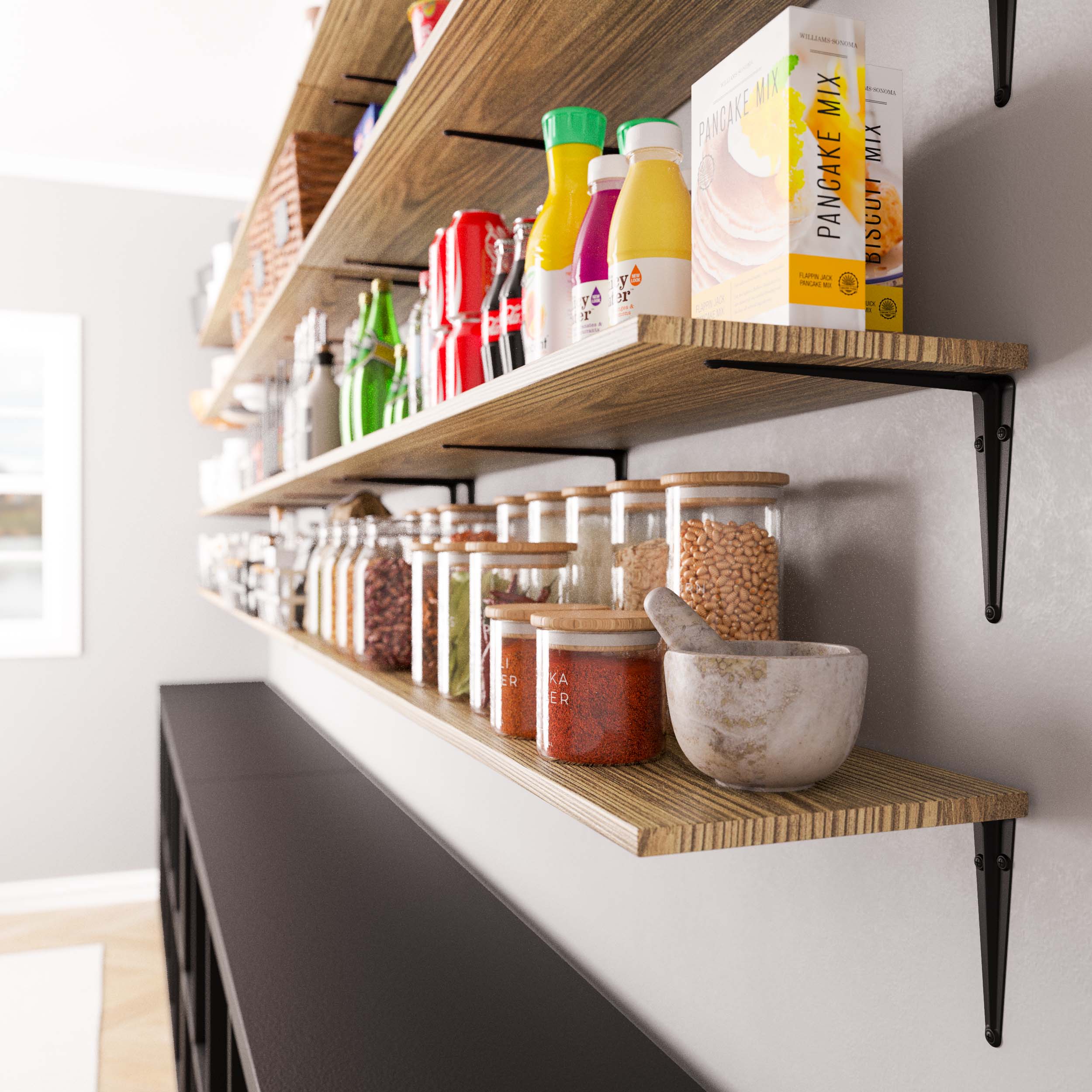Pantry shelving setup with three heavy-duty wood shelves. Stocked with spices, grains, and pantry jars, perfect for kitchen organization with easy-access storage and farmhouse charm.