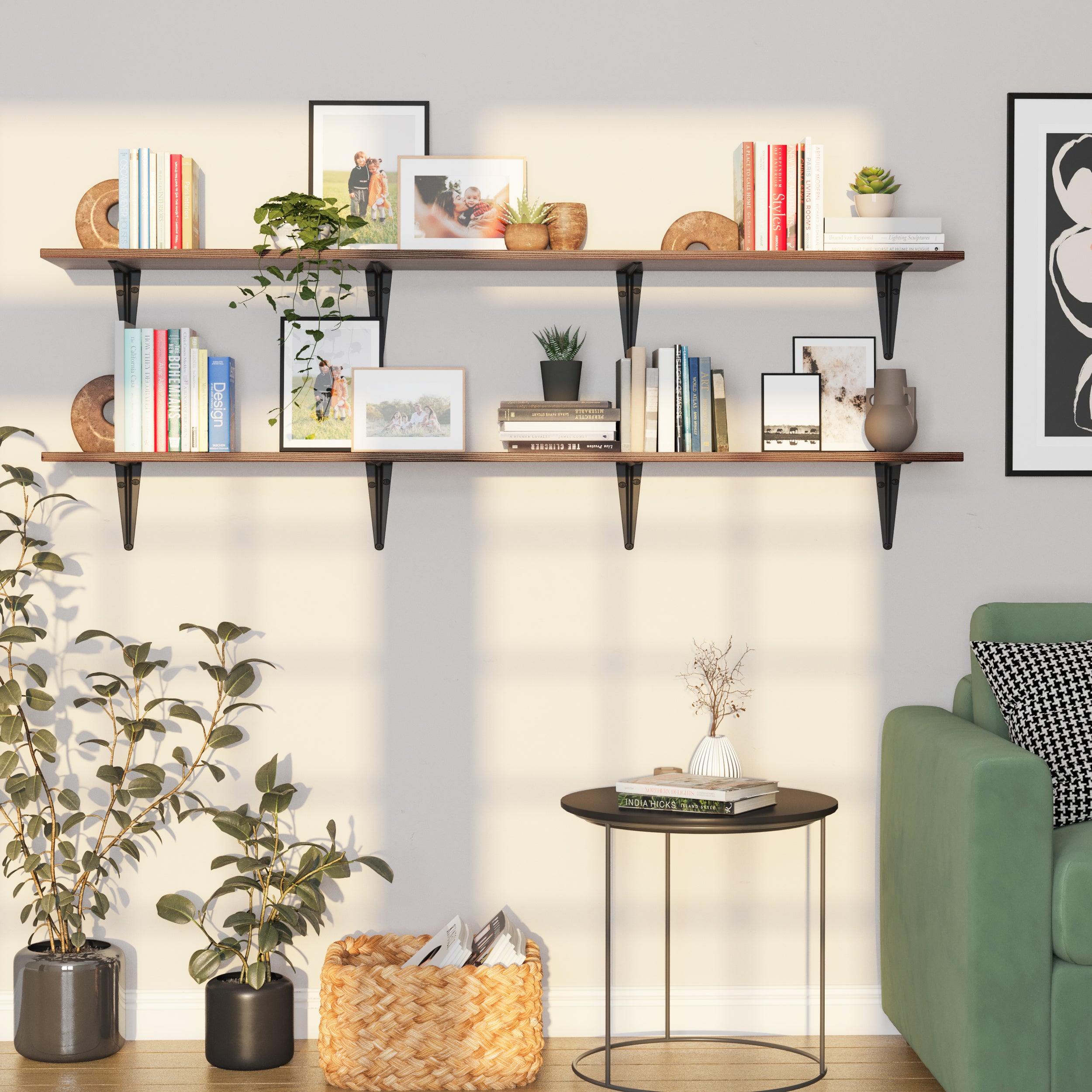 Two wall-mounted floating book shelves with sleek black brackets showcase books, art, ceramics, and greenery. A woven basket and green armchair complete the cozy, plant-friendly setting.