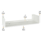 This metal U-shaped shelf white measures 17" in length, 6" in depth, and 3.5" in height, with a 0.07" thickness, perfect for compact storage.