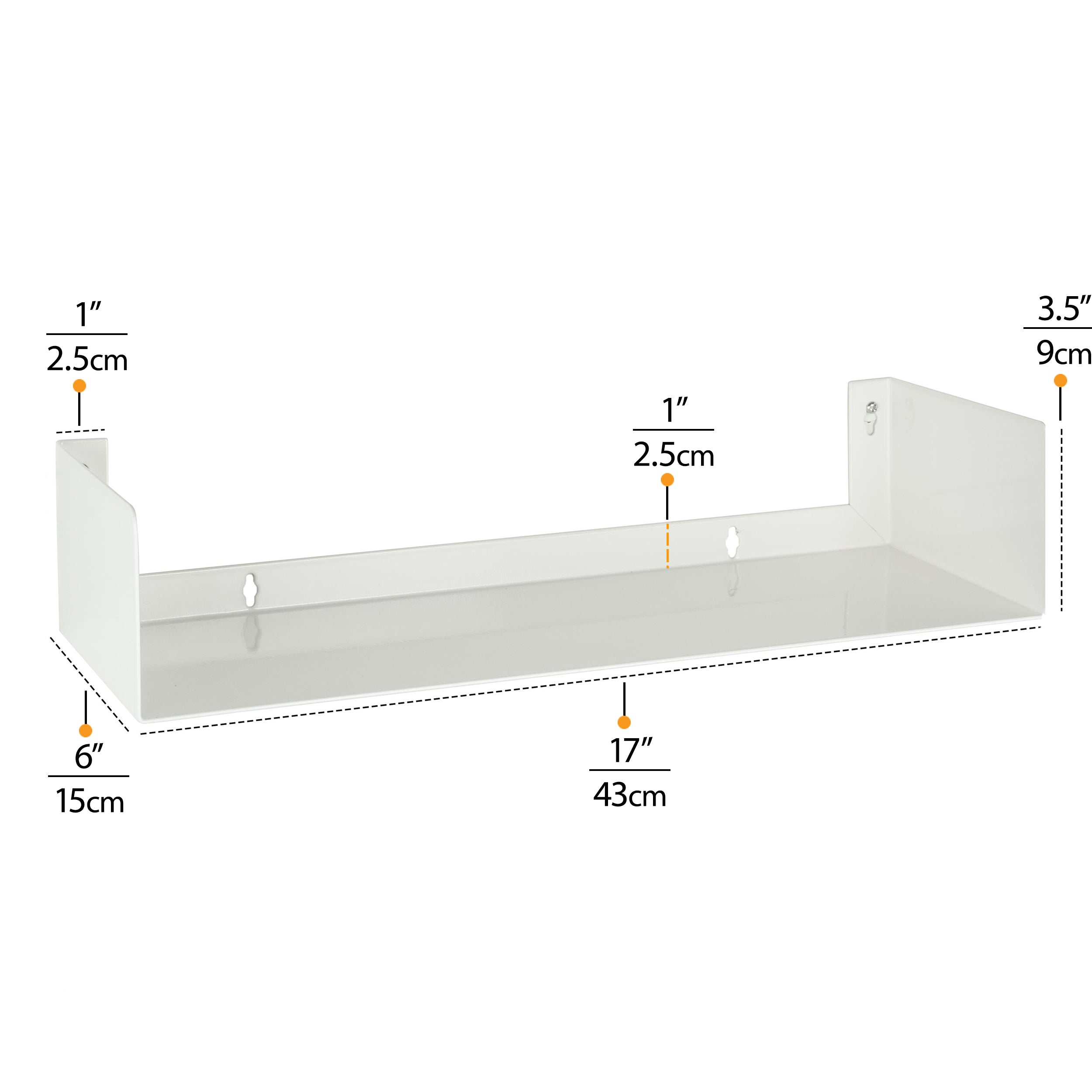 This metal U-shaped shelf white measures 17" in length, 6" in depth, and 3.5" in height, with a 0.07" thickness, perfect for compact storage.