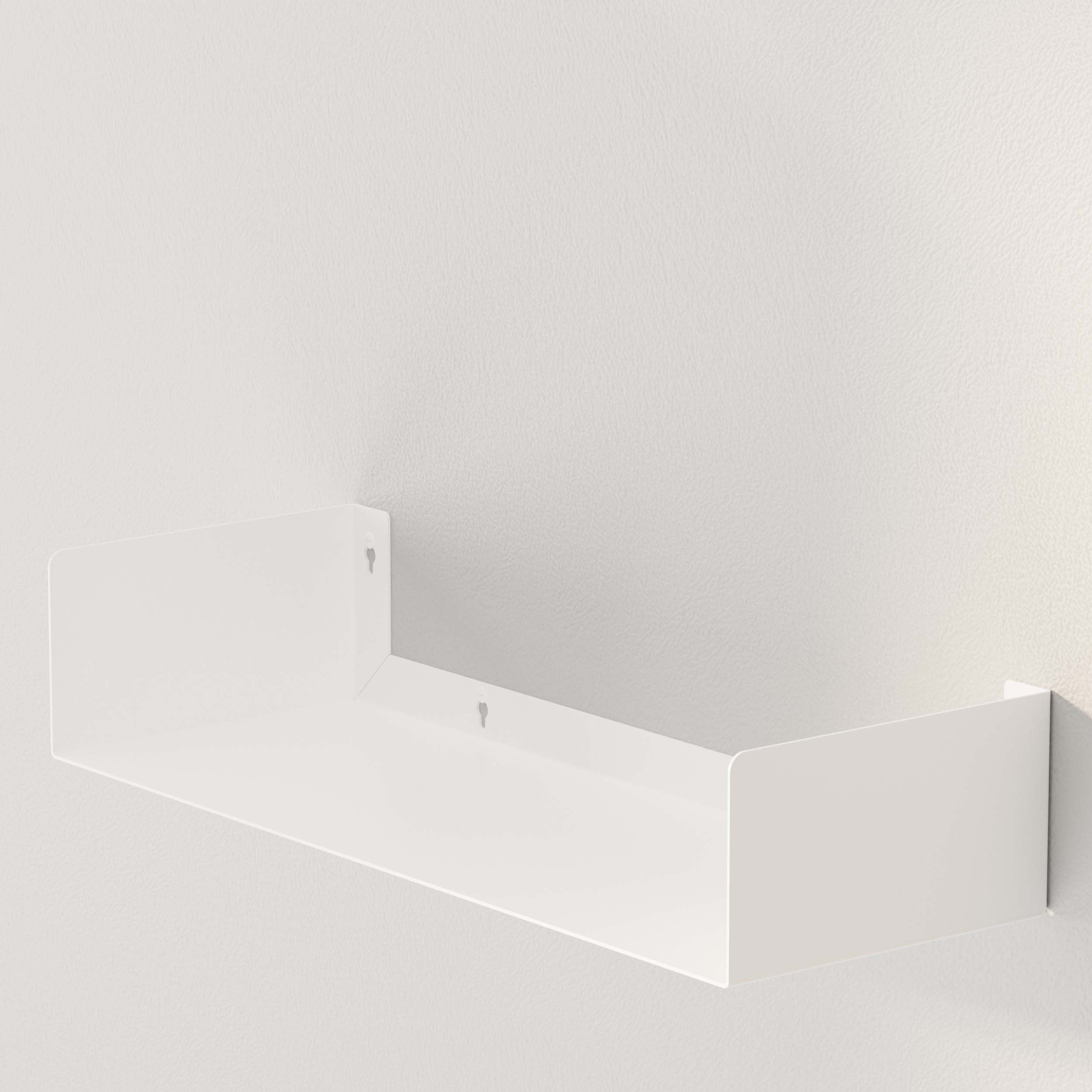 A sleek, white wall-mounted metal shelf, ideal for adding a modern touch to your living space. Sturdy and stylish for any room.