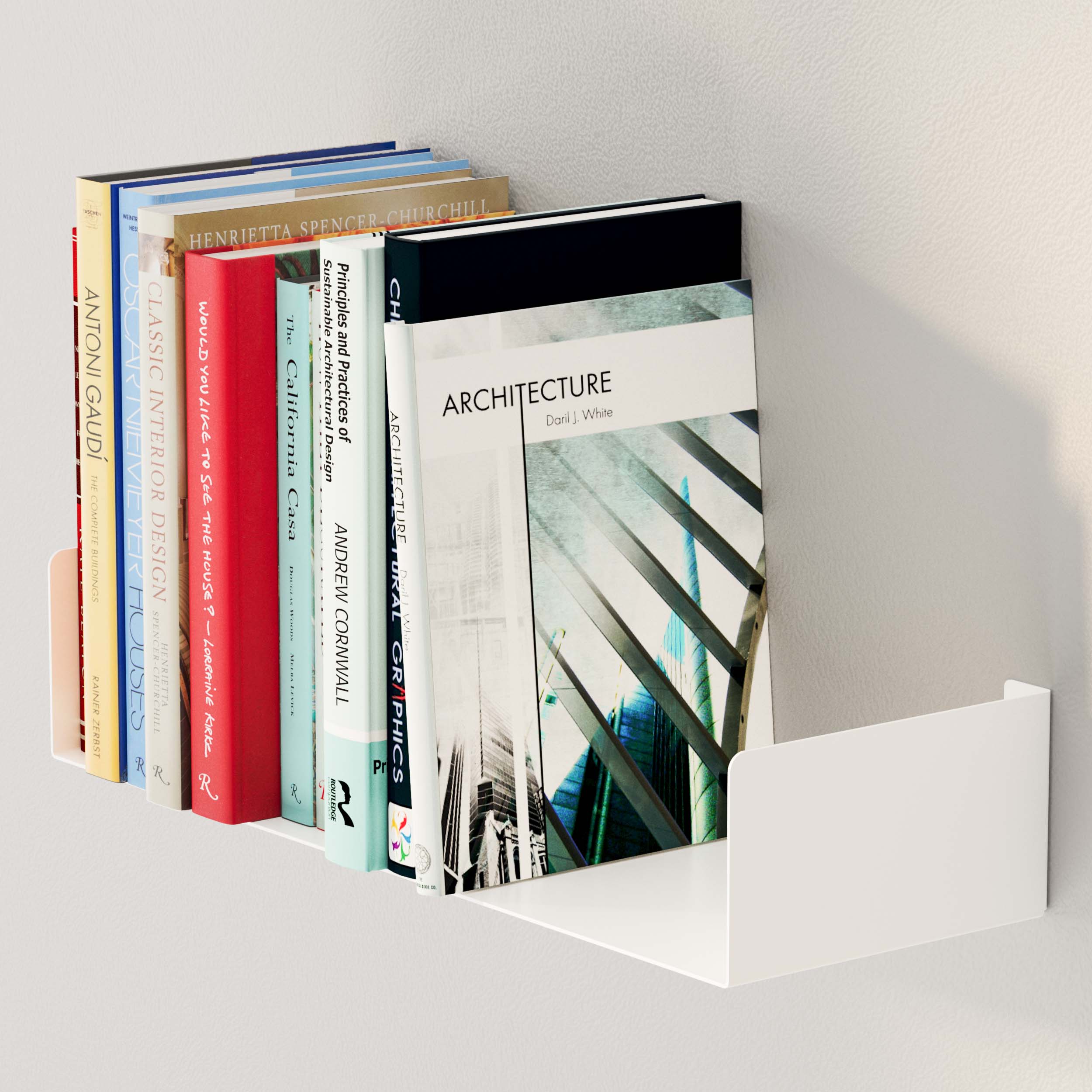 Side view of a metal U-shaped white floating shelf neatly holding books. A perfect space-saving solution that adds elegance to your living room decor and shelf decor.