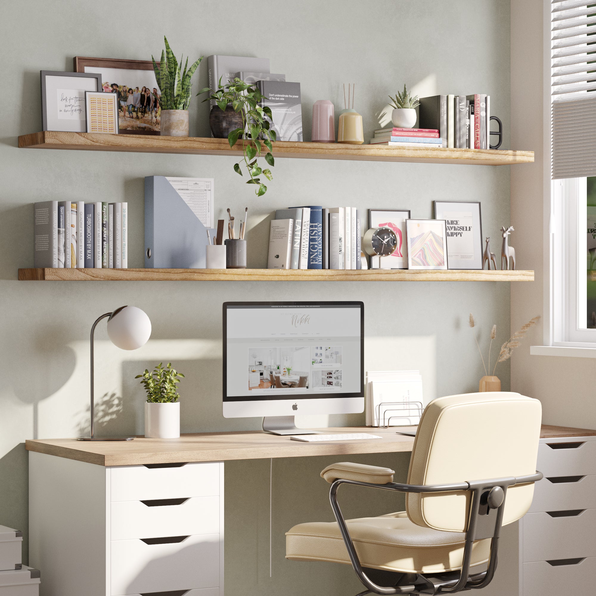 Two floating office shelves above a home office setup, featuring plants, books, and decor. The layered look adds vertical storage and design to the workstation.