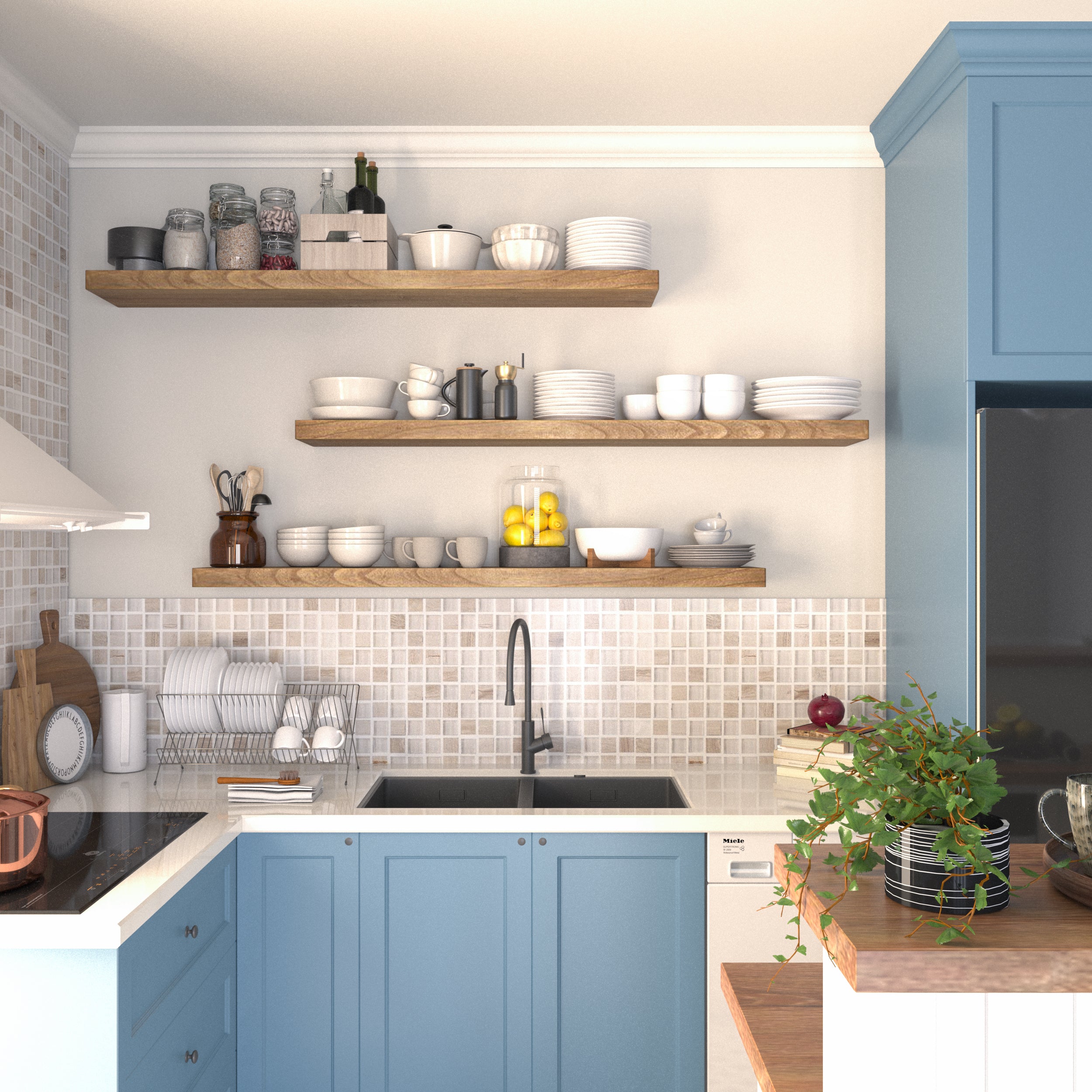 Three 60 inch long floating display shelves with hidden brackets in a rich special walnut finish mounted above a kitchen sink, neatly displaying dishes, jars, and bowls. A practical, modern open storage solution for compact spaces.