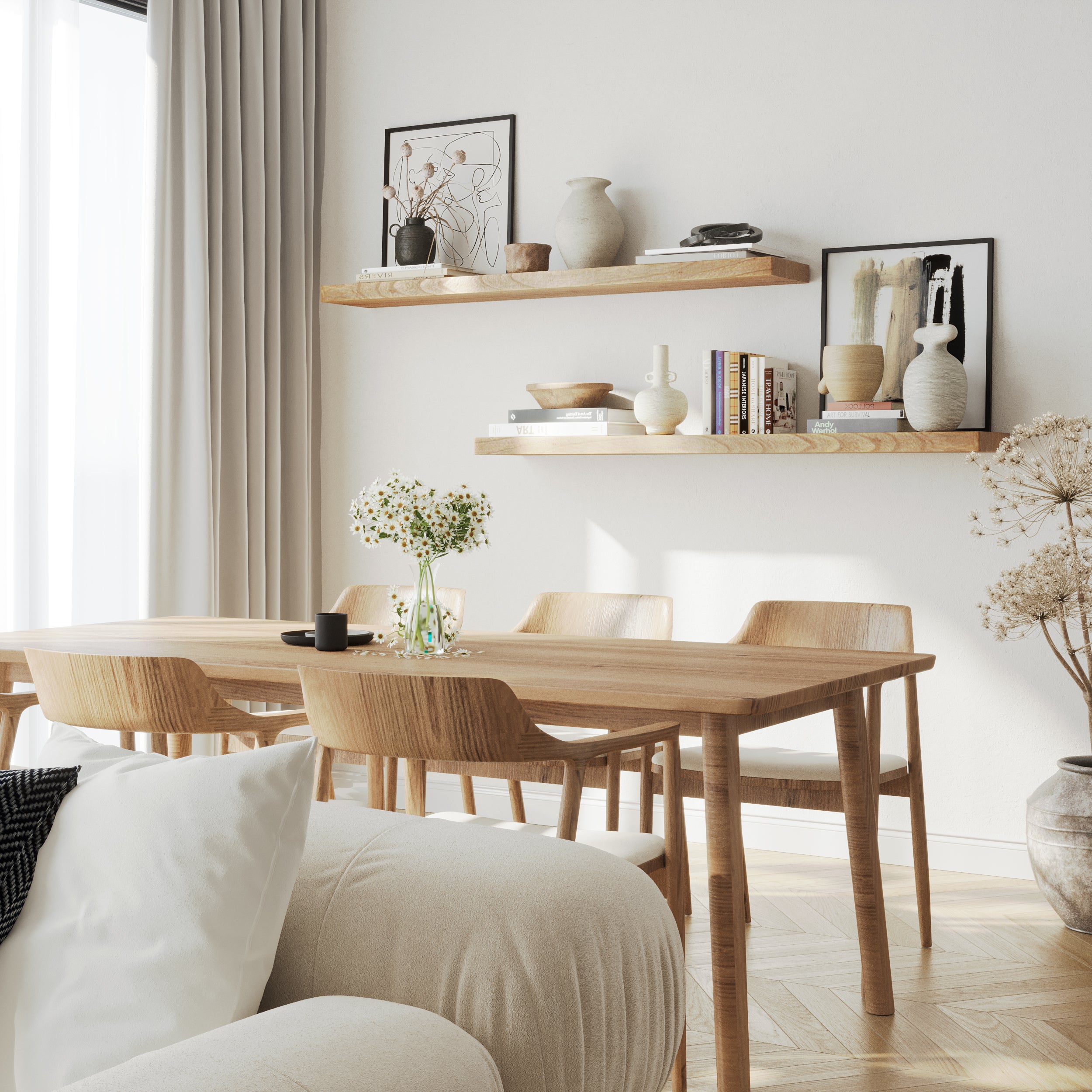 A pair of 60 inch long wall floating shelves for rustic decor with invisible brackets in special walnut finish styled with neutral decor, enhancing a minimal dining space with clean lines and soft natural lighting.