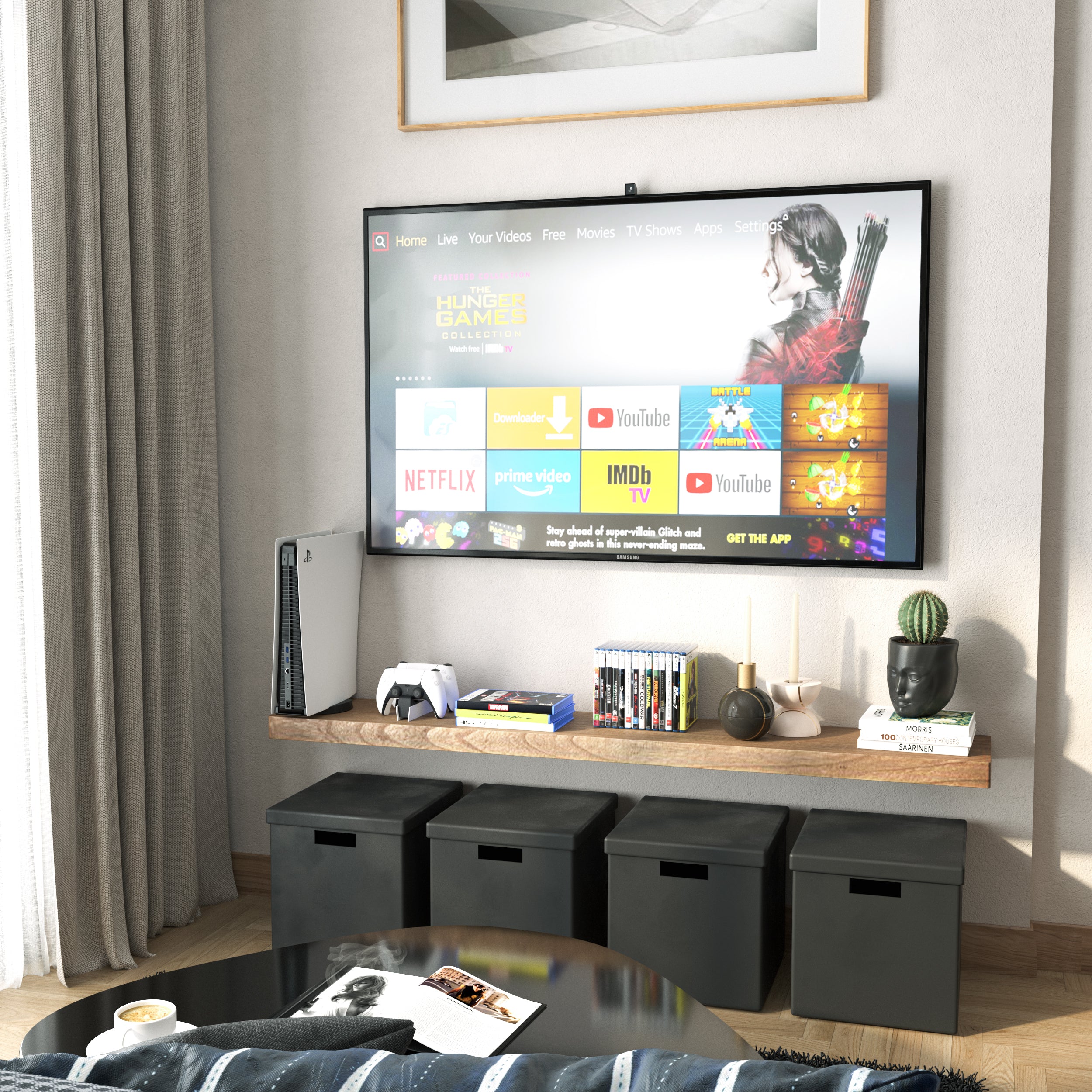 A 60 inch long floating wall shelf with invisible bracket in a rich special walnut finish below a wall-mounted TV holds media items and decorative objects. Black cube storage and neutral tones complete the entertainment nook.