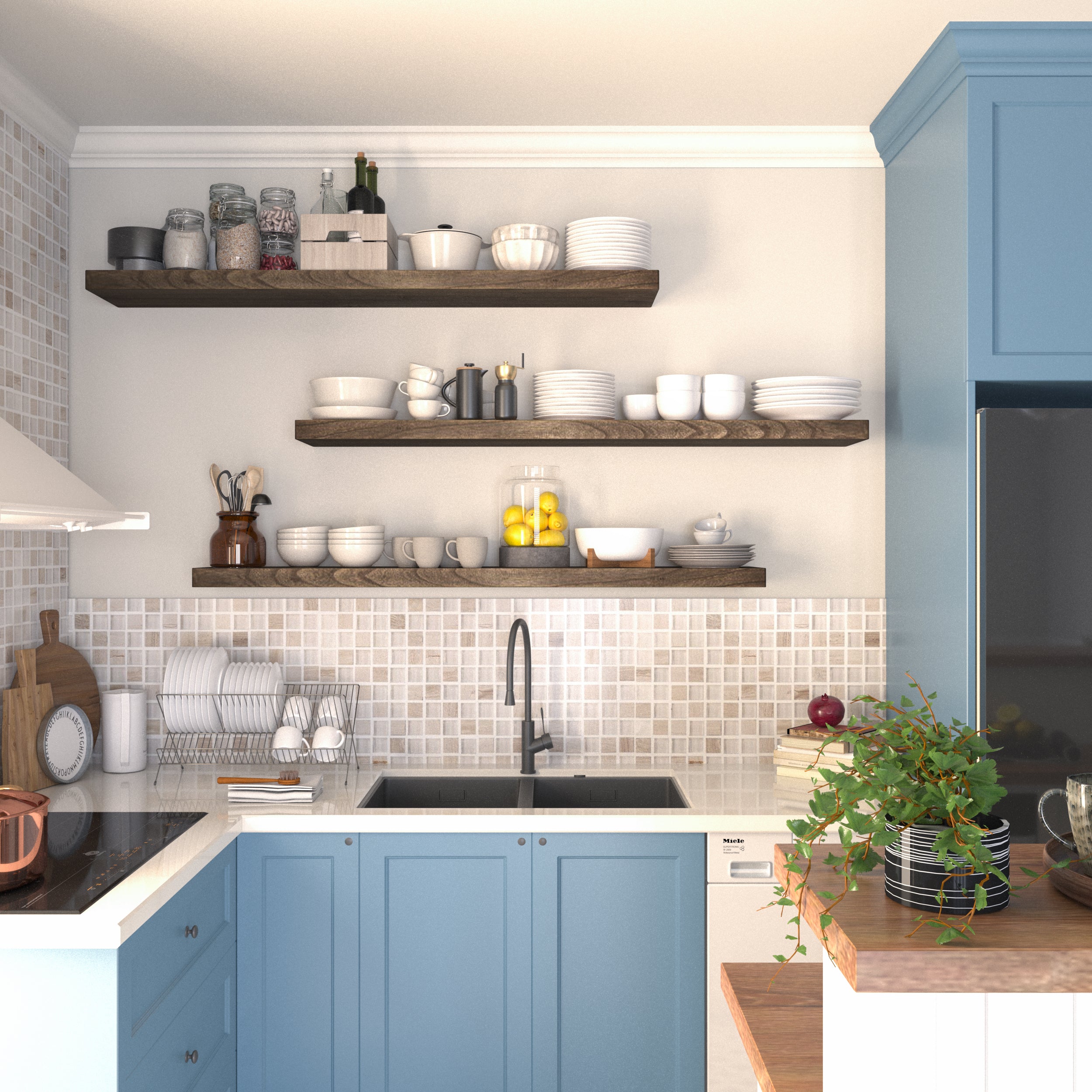 Three 60 inch long floating wall shelves with hidden brackets in a rich dark walnut finish mounted above a kitchen sink, neatly displaying dishes, jars, and bowls. A practical, modern open storage solution for compact spaces.