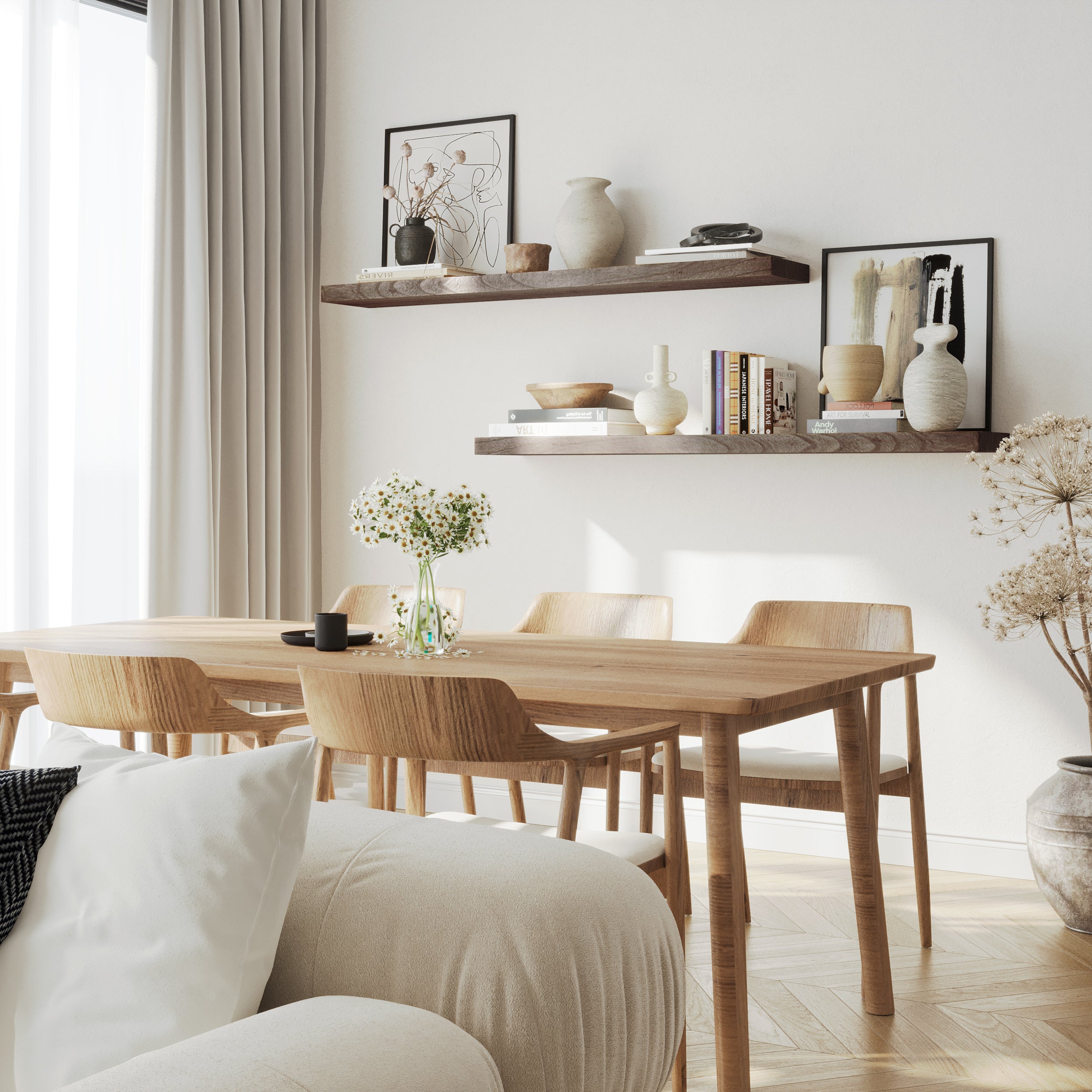 A pair of 60 inch long hanging shelves 2 inch thick with invisible brackets in dark walnut finish styled with neutral decor, enhancing a minimal dining space with clean lines and soft natural lighting.