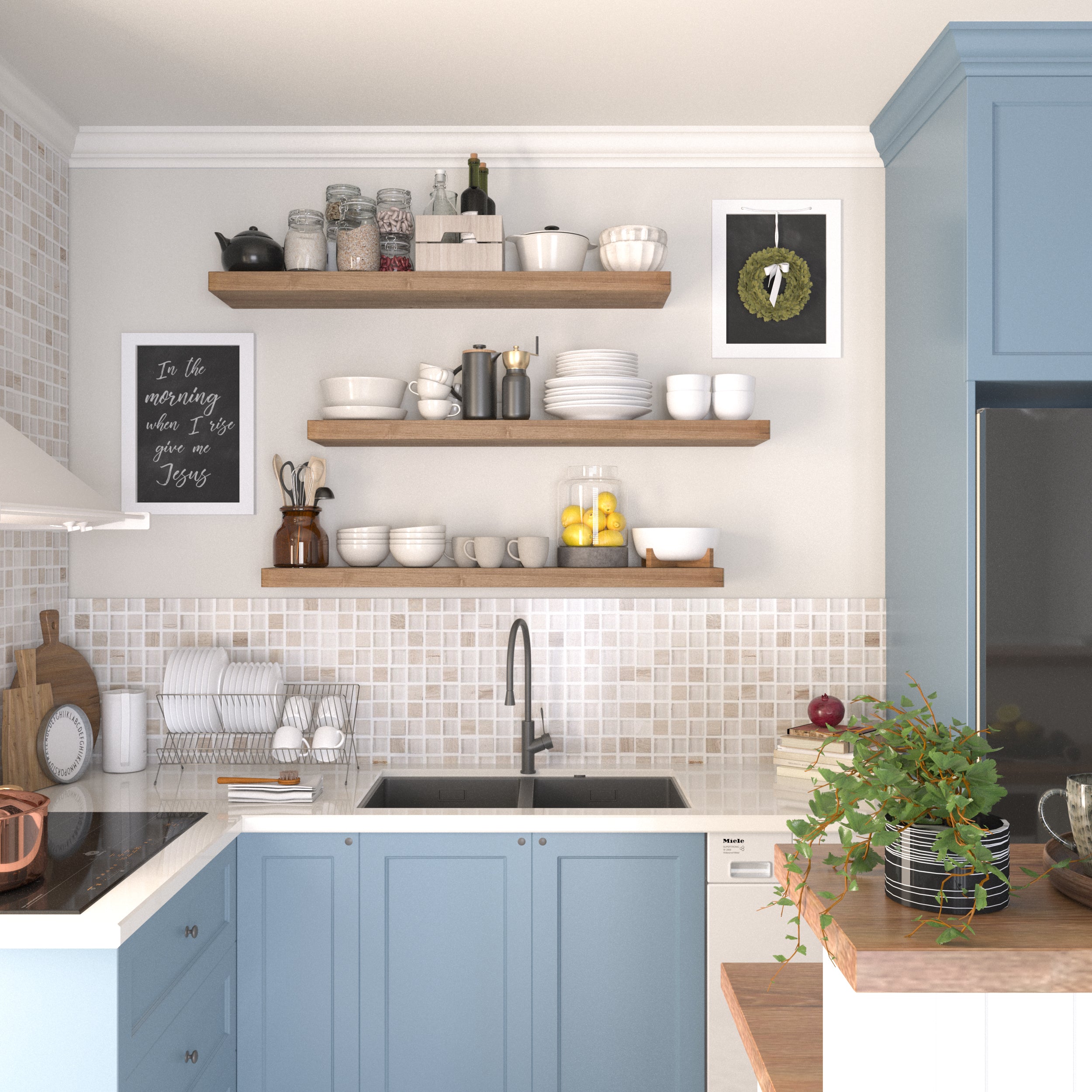 Three 48 inch wood floating shelves with hidden brackets in a rich special walnut finish mounted above a kitchen sink, neatly displaying dishes, jars, and bowls. A practical, modern open storage solution for compact spaces.