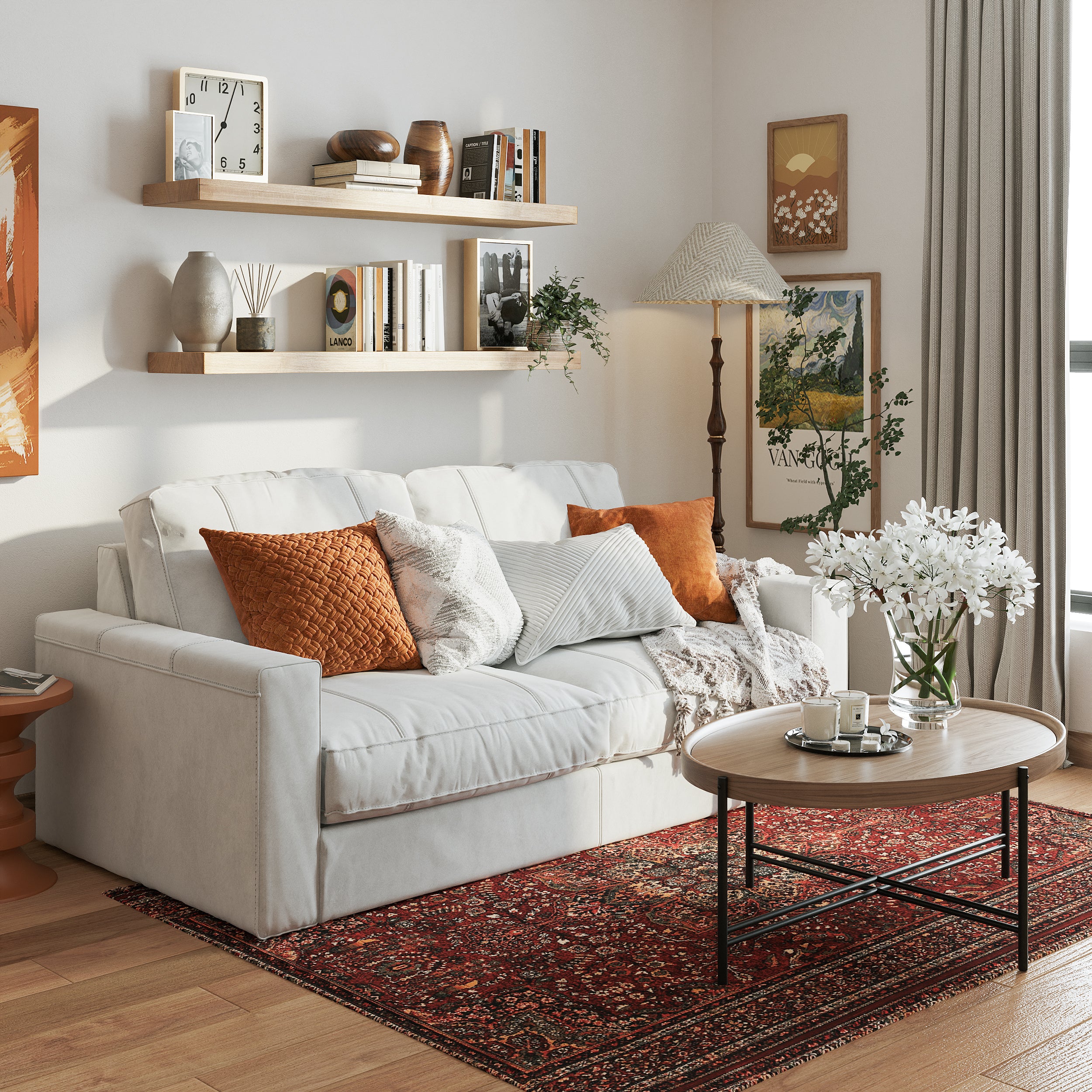 Two 48 inch long floating shelves in a special walnut finish with hidden bracket styled with books and vases over a cozy white couch. Warm tones and framed art create a welcoming living room aesthetic.