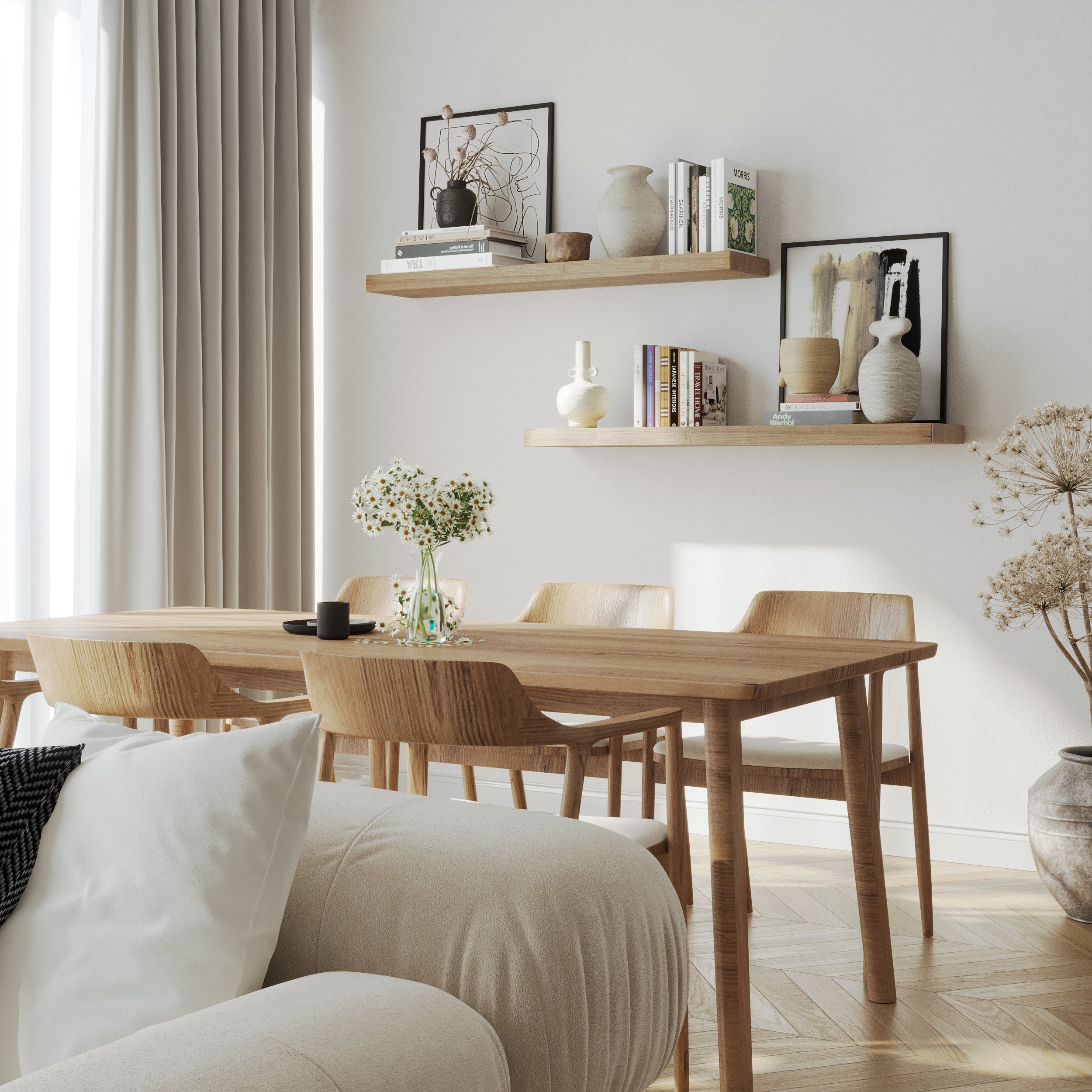 A pair of wooden floating shelves for living room with invisible brackets in special walnut finish styled with neutral decor, enhancing a minimal dining space with clean lines and soft natural lighting.