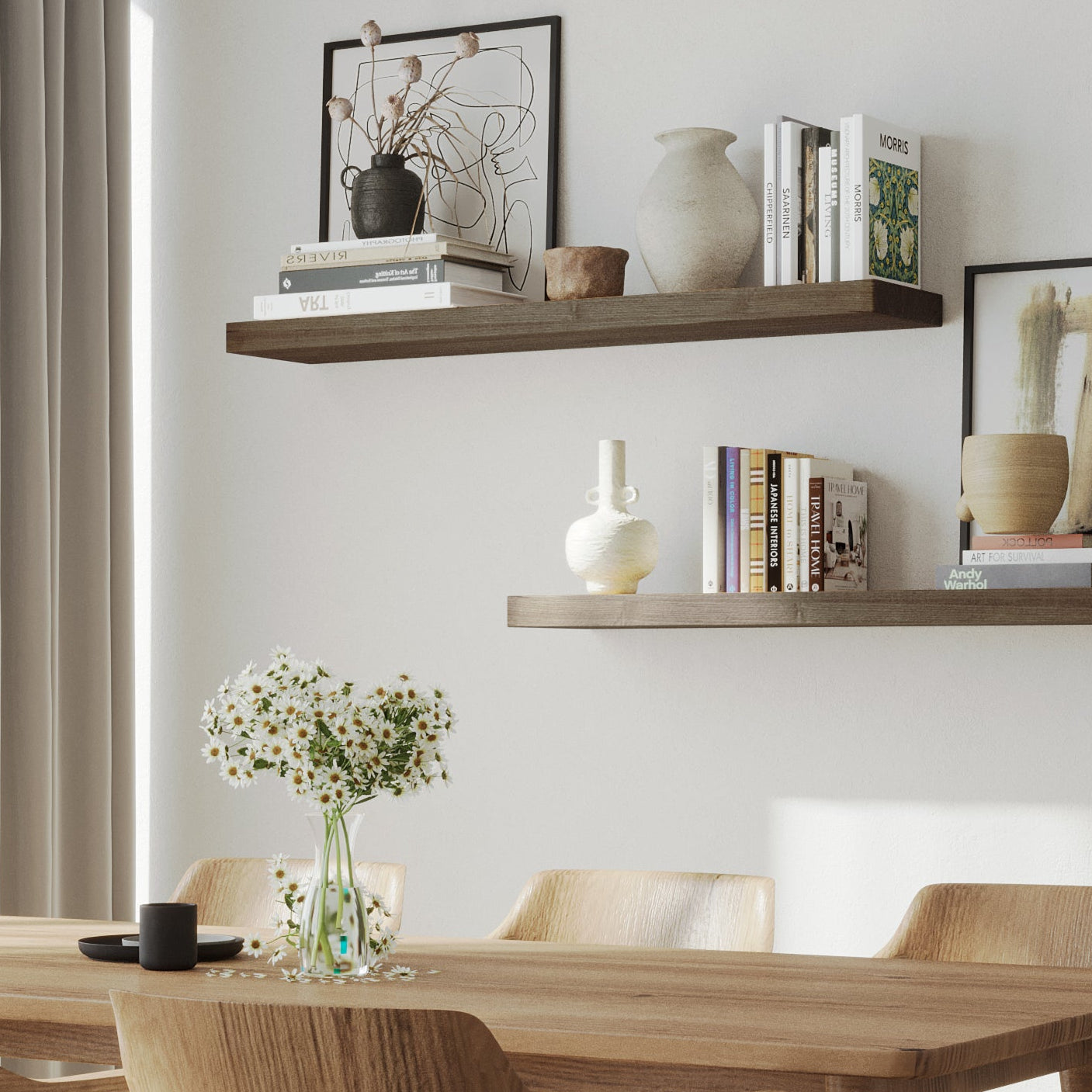 A pair of 48 inch long wall bookshelves living room with invisible brackets in dark walnut finish styled with neutral decor, enhancing a minimal dining space with clean lines and soft natural lighting.