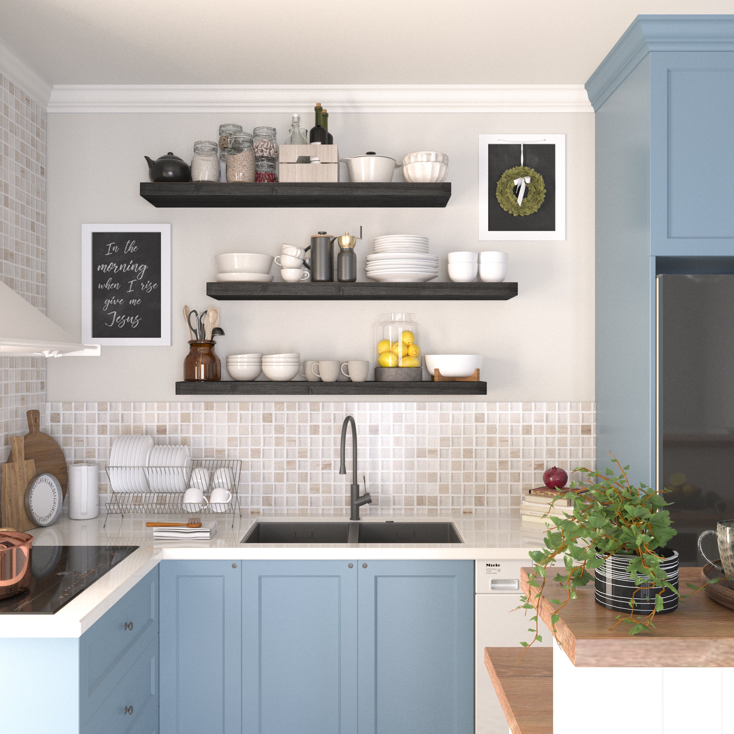 Three 48 inch floating wall shelves with hidden brackets in a rich ebony finish mounted above a kitchen sink, neatly displaying dishes, jars, and bowls. A practical, modern open storage solution for compact spaces.