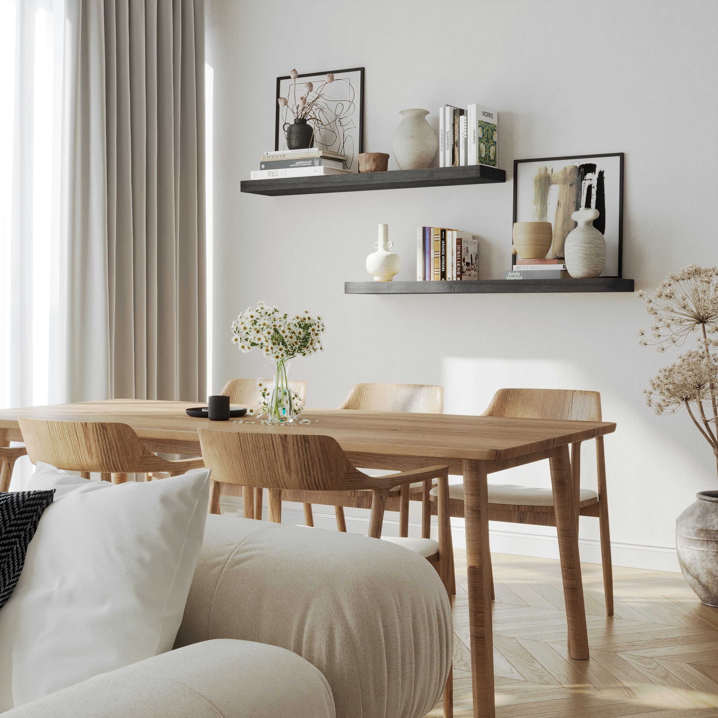 A pair of 48 inch wall shelves with invisible brackets in ebony finish styled with neutral decor, enhancing a minimal dining space with clean lines and soft natural lighting.