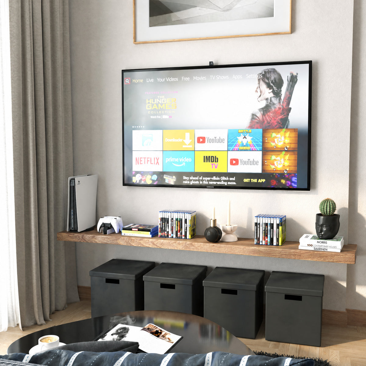 A 72 inch long floating wall shelf with invisible bracket in a rich special walnut finish below a wall-mounted TV holds media items and decorative objects. Black cube storage and neutral tones complete the entertainment nook.