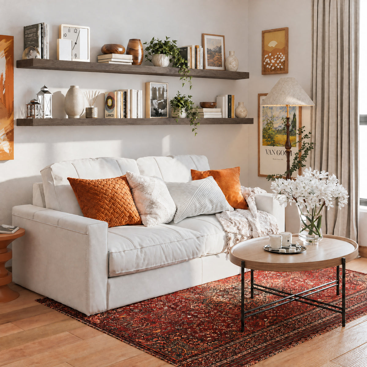 Two 72 inch long floating shelves in a dark walnut finish with invisible brackets styled with books and vases over a cozy white couch. Warm tones and framed art create a welcoming living room aesthetic.