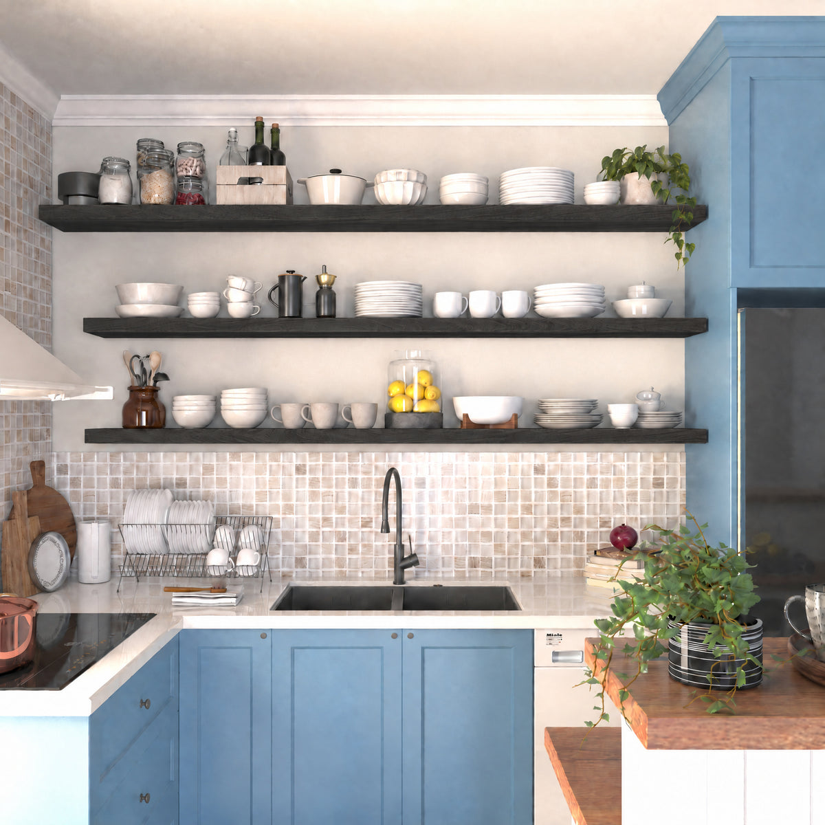 Three 72 inch long floating display shelves with hidden brackets in a rich ebony finish mounted above a kitchen sink, neatly displaying dishes, jars, and bowls. A practical, modern open storage solution for compact spaces.