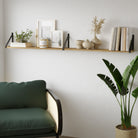A floating bookshelf styled with books, potted greens, and desktop essentials, offering organized storage and a lively study vibe.