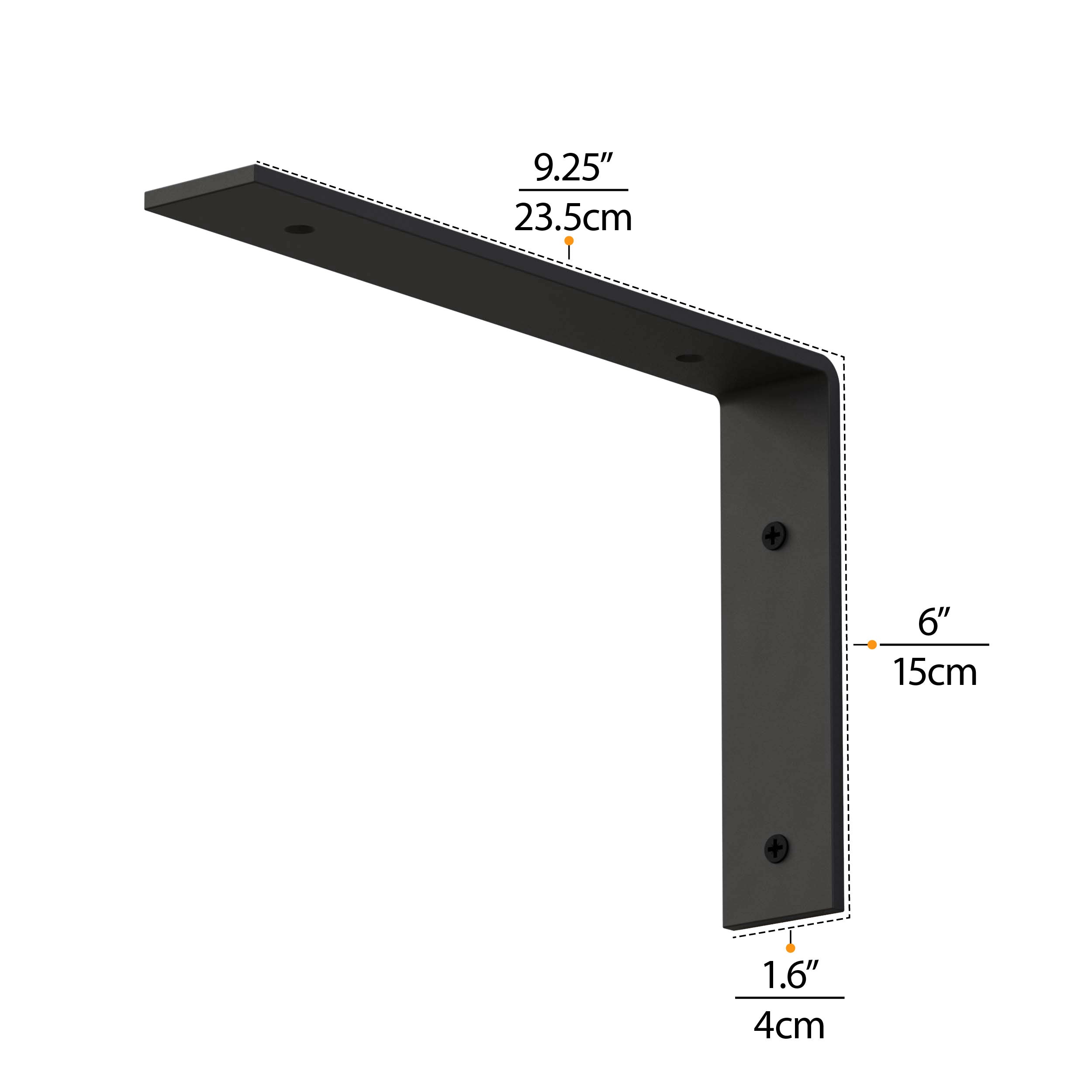 Black metal L-shaped heavy duty shelf bracket with dimensions 9.25"x6", perfect for book shelves.