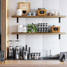 A kitchen setup with two storage shelves. Used for coffee mugs, baskets, and kitchen essentials, it showcases the shelf’s sturdy build and functionality in a modern kitchen environment.