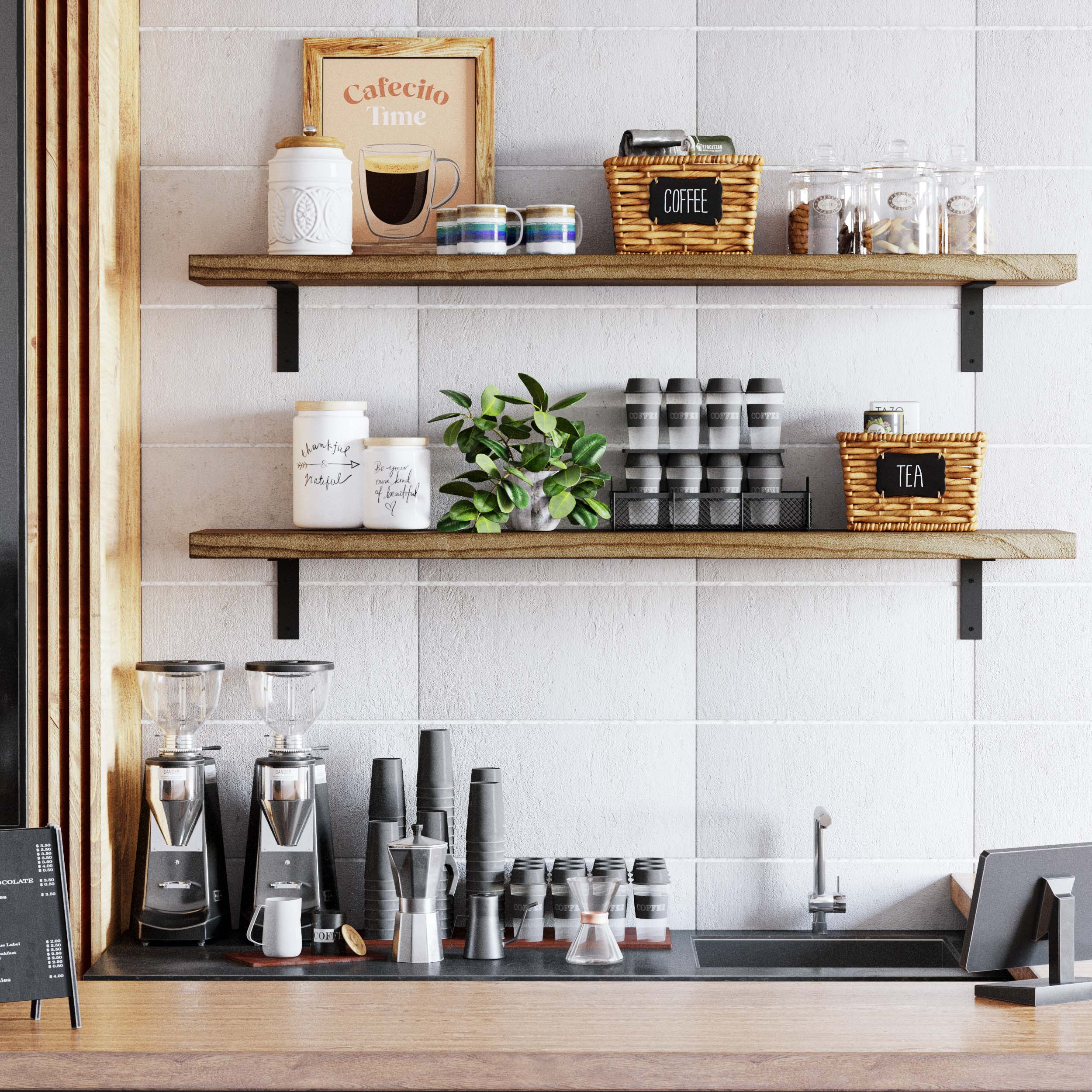 A kitchen setup with two storage shelves. Used for coffee mugs, baskets, and kitchen essentials, it showcases the shelf’s sturdy build and functionality in a modern kitchen environment.