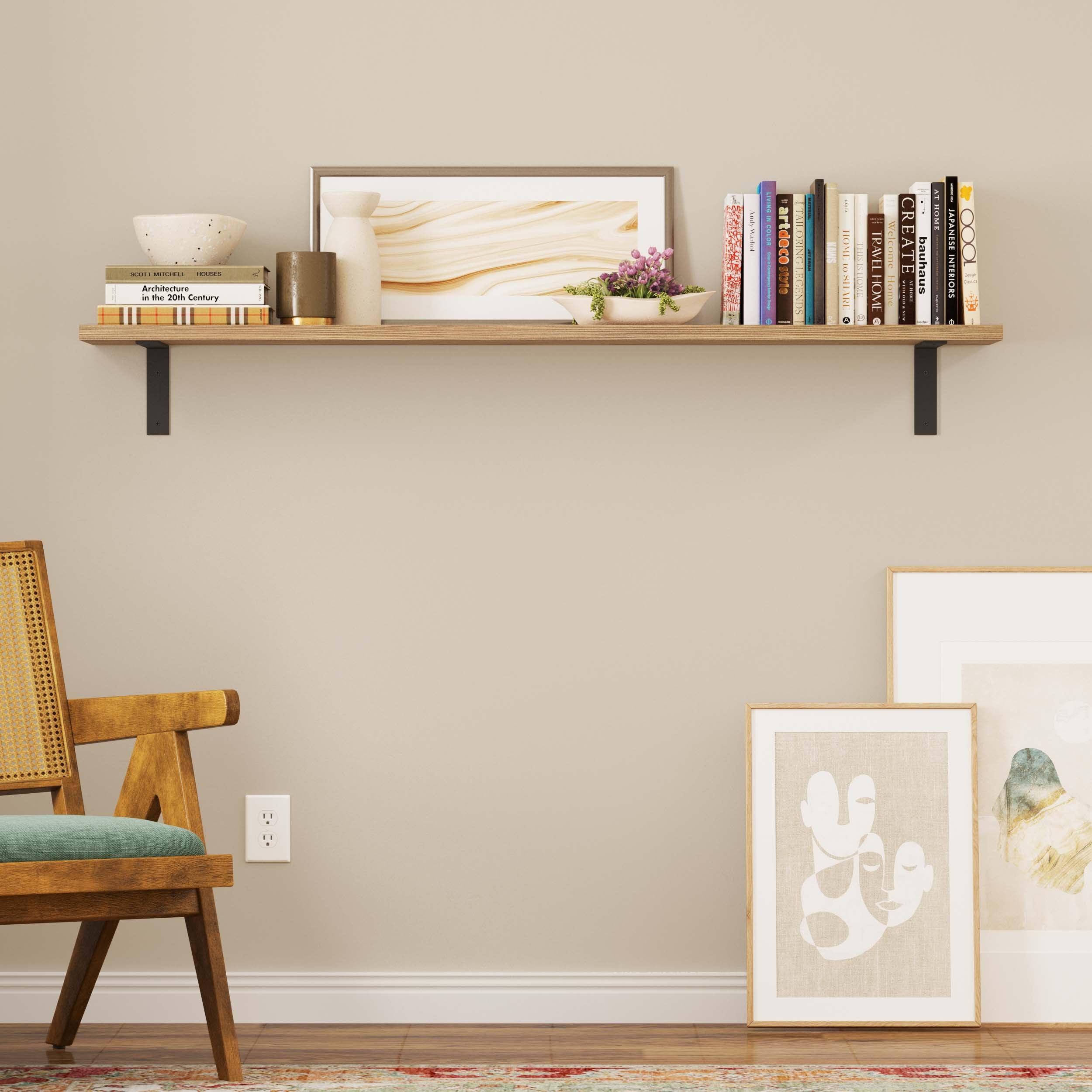 A wall-mounted shelf setup styled with books, decorative vases, and artwork, ideal for creating an elegant reading nook or storage area.
