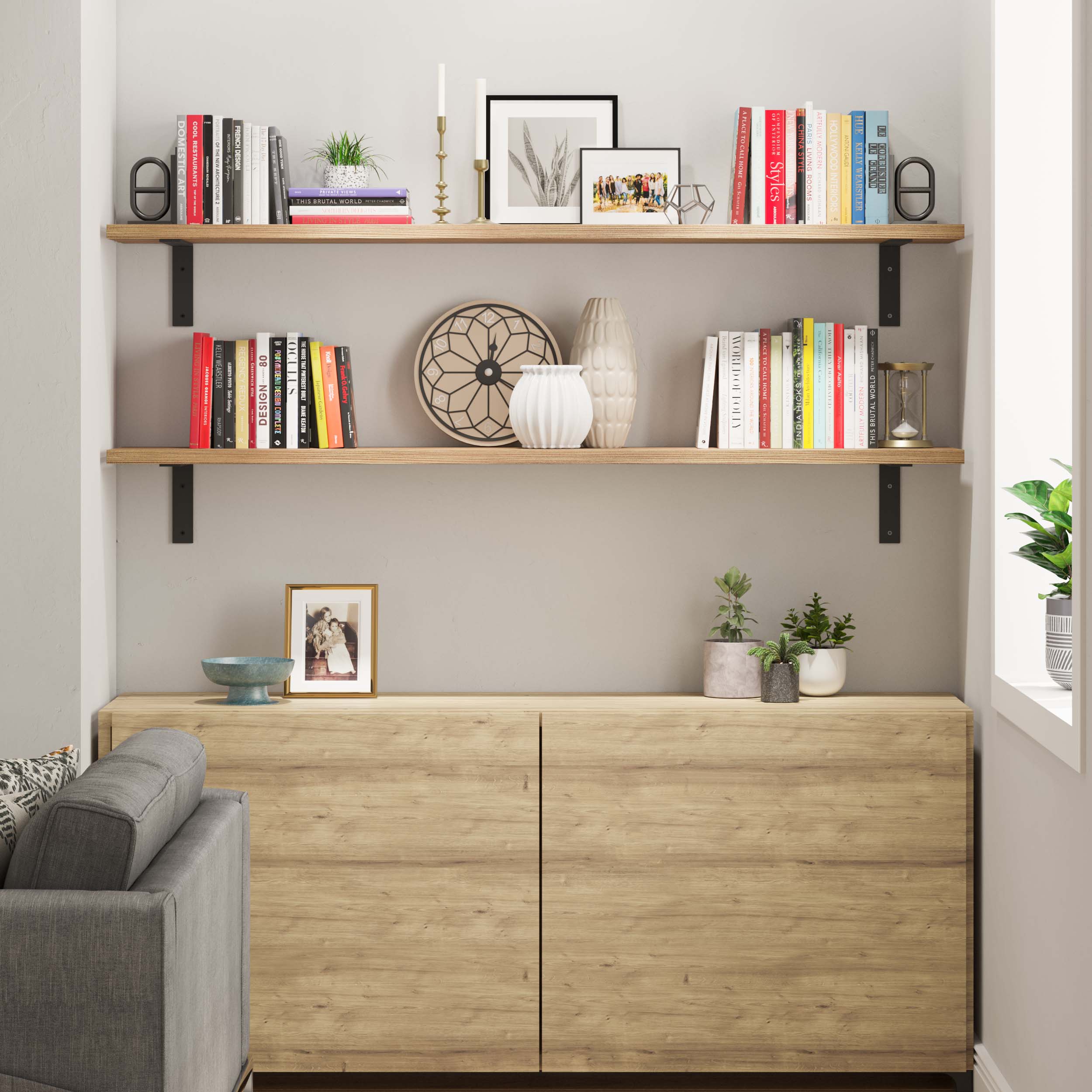 A simple and practical laundry room setup featuring 2 long floating shelves for detergents, plants, and a decorative sign, highlighting its utility in compact spaces.