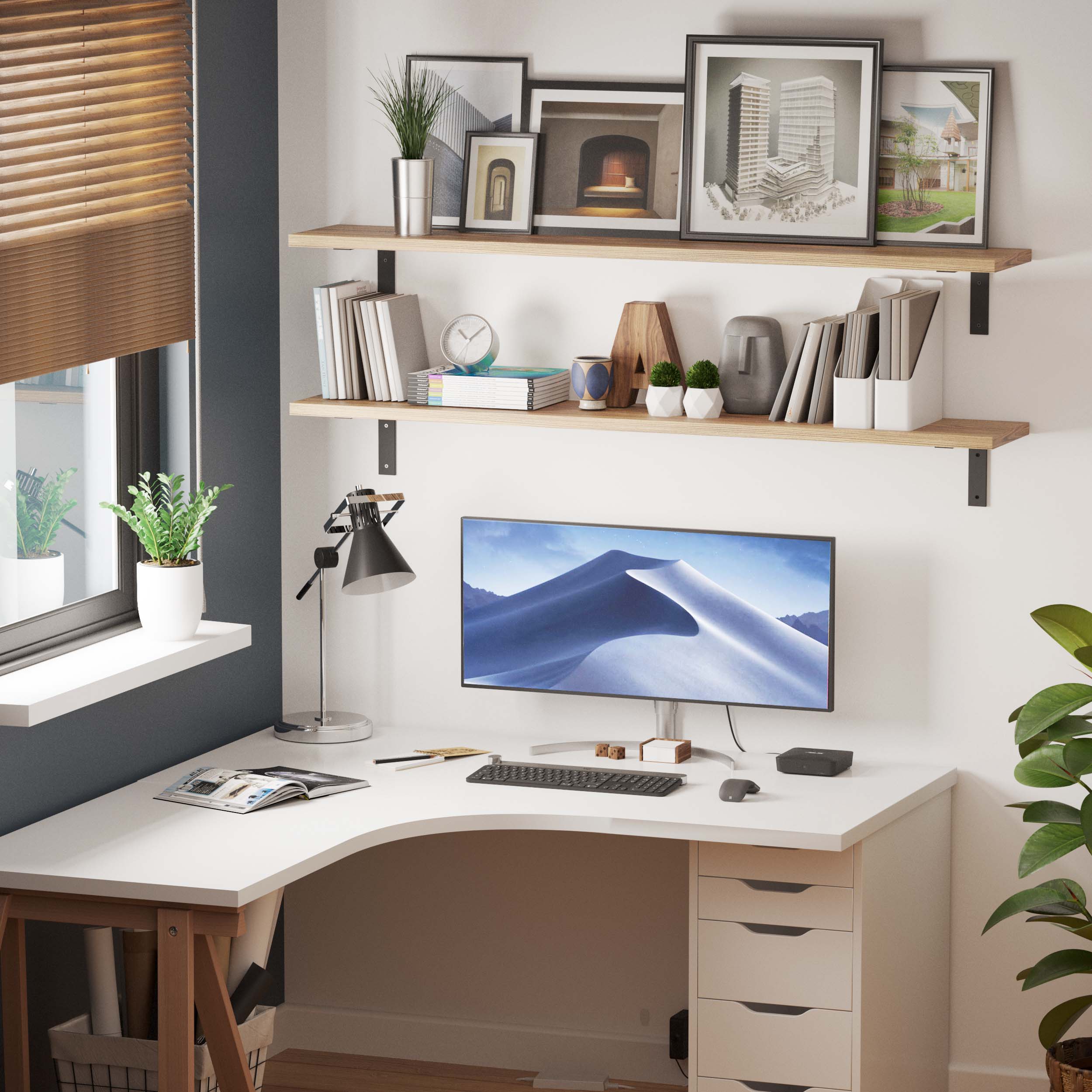 A dual office shelves configuration in an office space, showcasing functionality for organizing books and decor while maintaining a professional aesthetic.