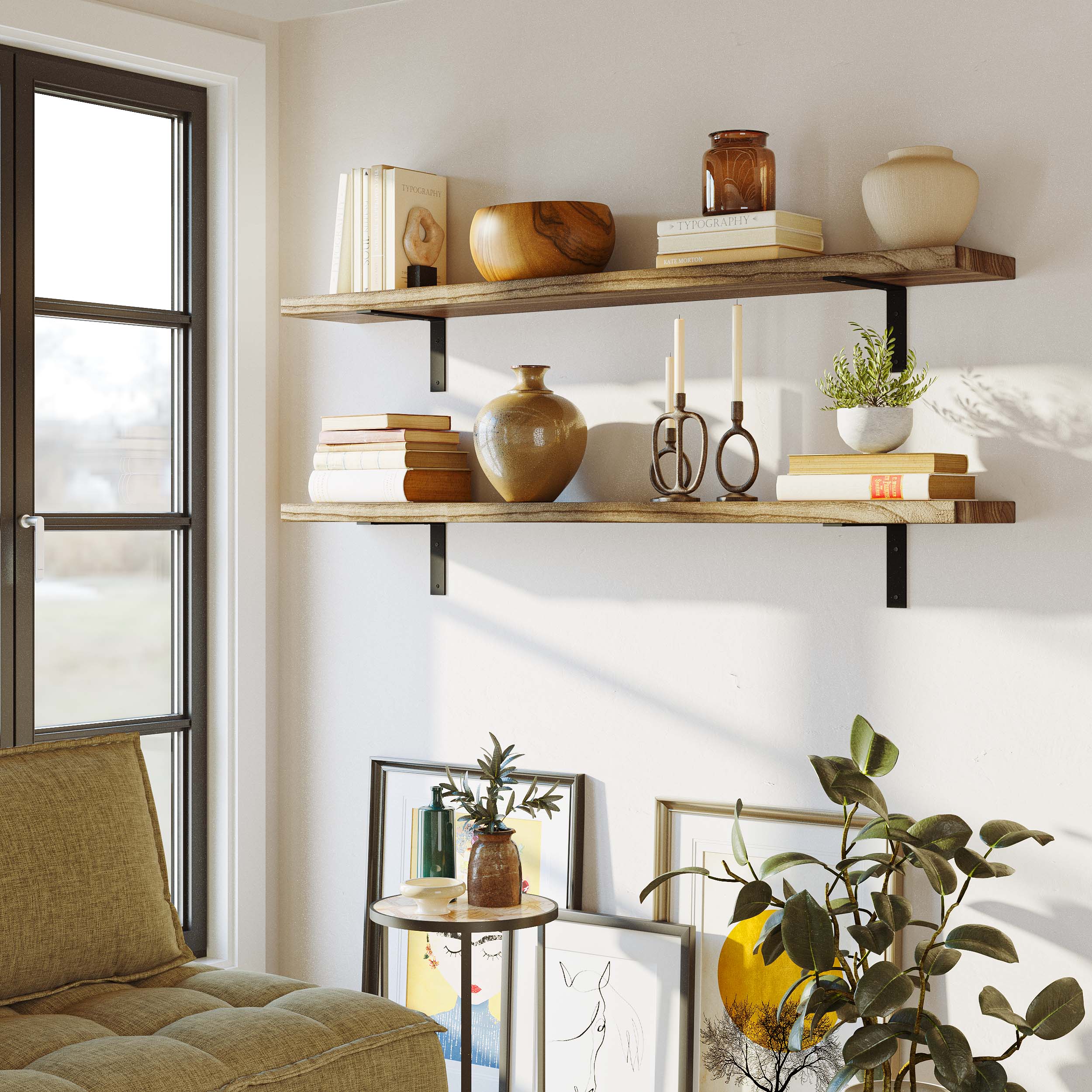 Living room shelves with burnt color styled with books and ceramic decor. A nearby couch and natural lighting make the space inviting and perfect for unwinding with a book.