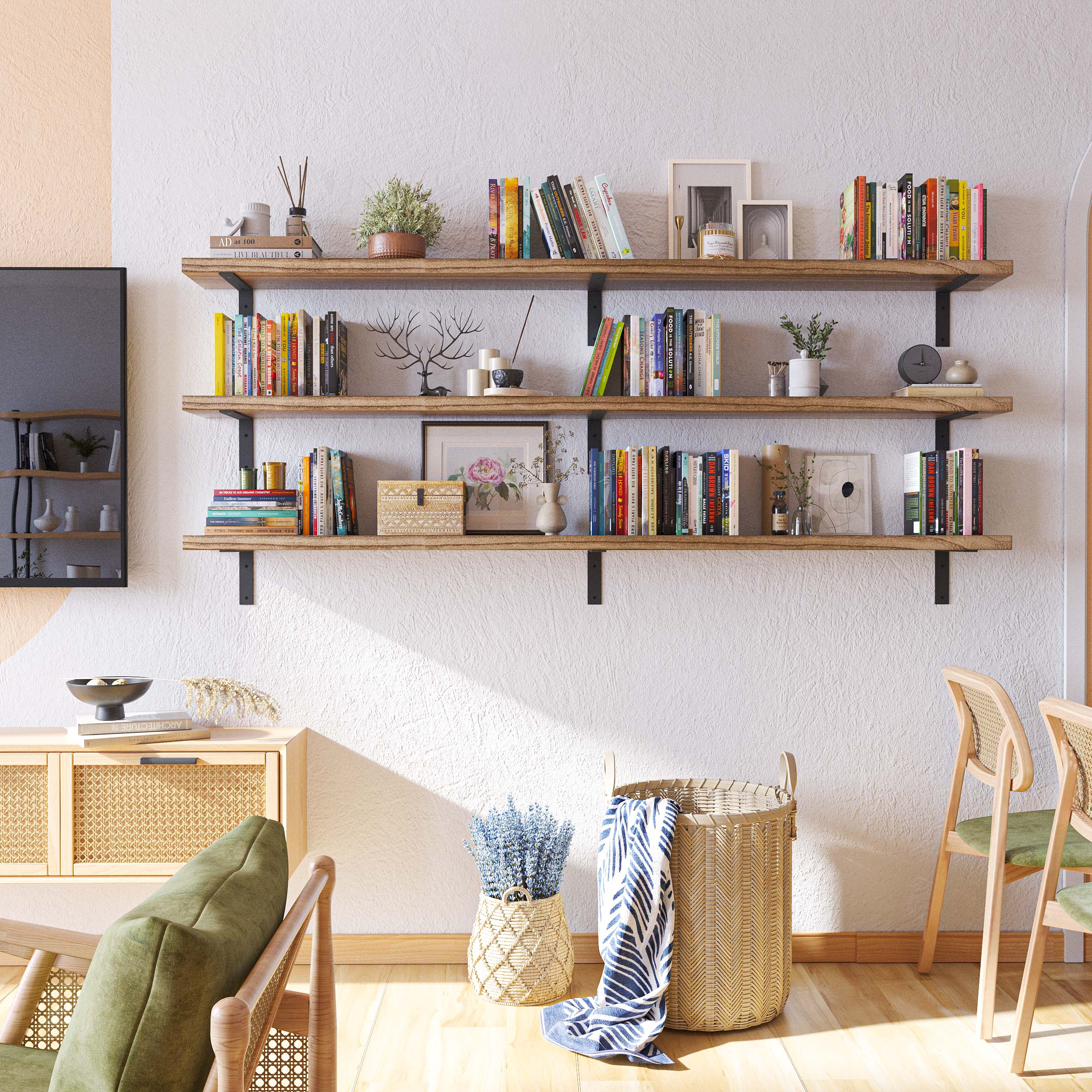 A vibrant wall with three long storage shelves featuring books, plants, and baskets, adding character and utility to a cozy room corner.