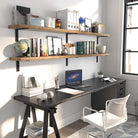 Two-tiered wood office shelves over a modern desk with a mix of books, plants, and office supplies, creating an efficient workspace.